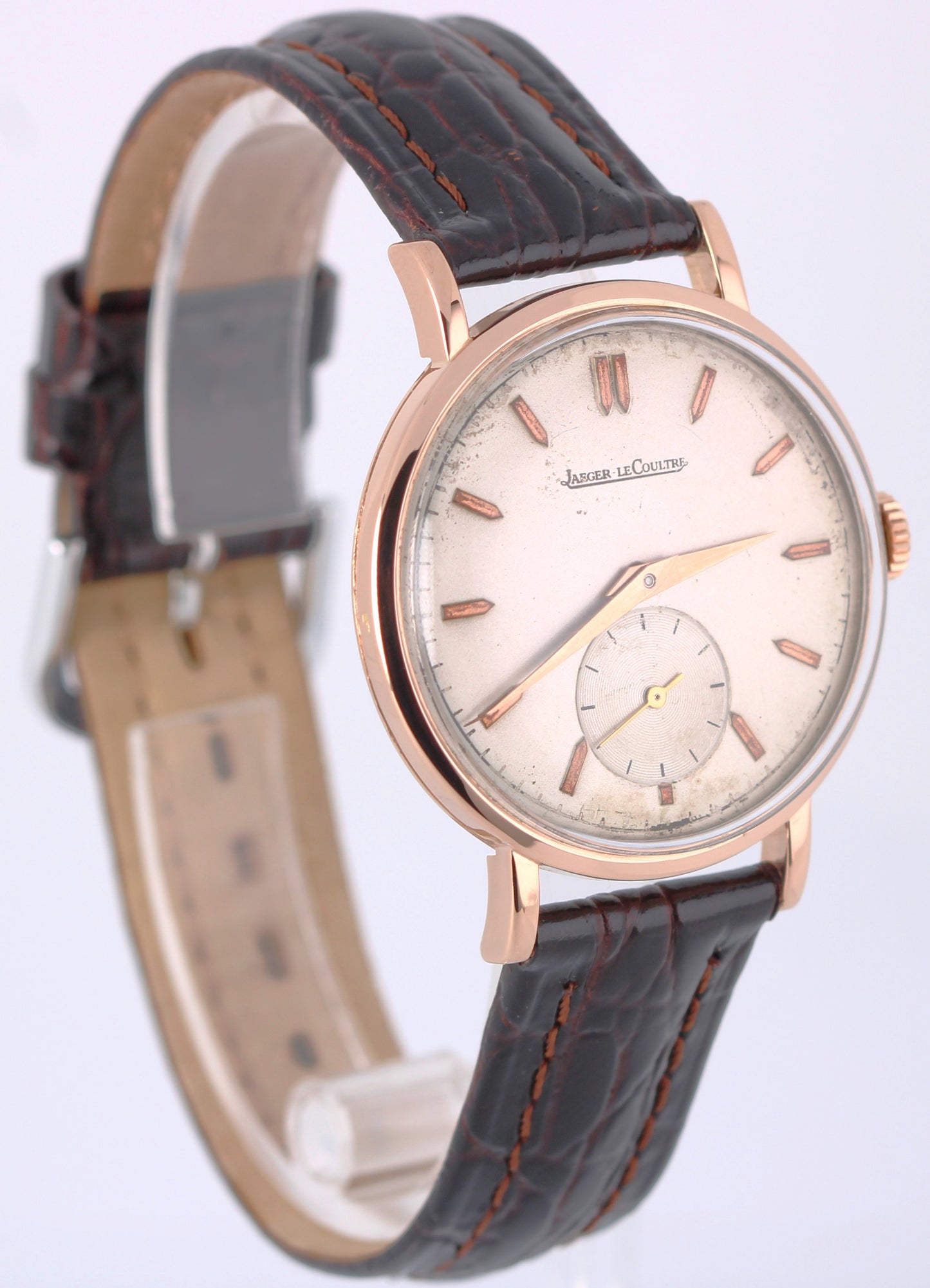 VINTAGE Jaeger-LeCoultre Time-Only PAPERS 18k Rose Gold Silver 36mm Watch BOX
