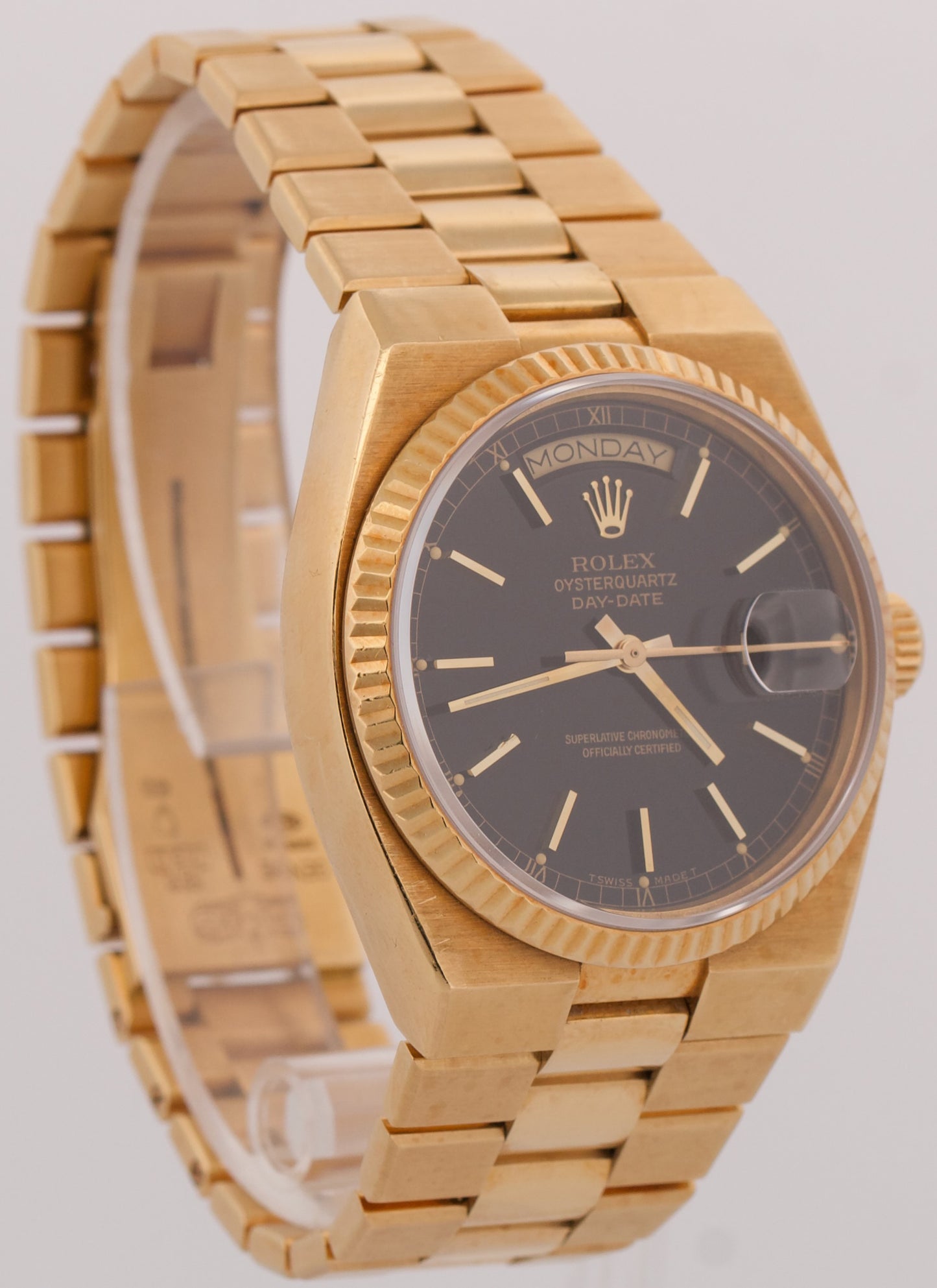 UNPOLISHED 1984 Rolex OysterQuartz Day-Date BLACK 36mm 18K Yellow Gold 19018