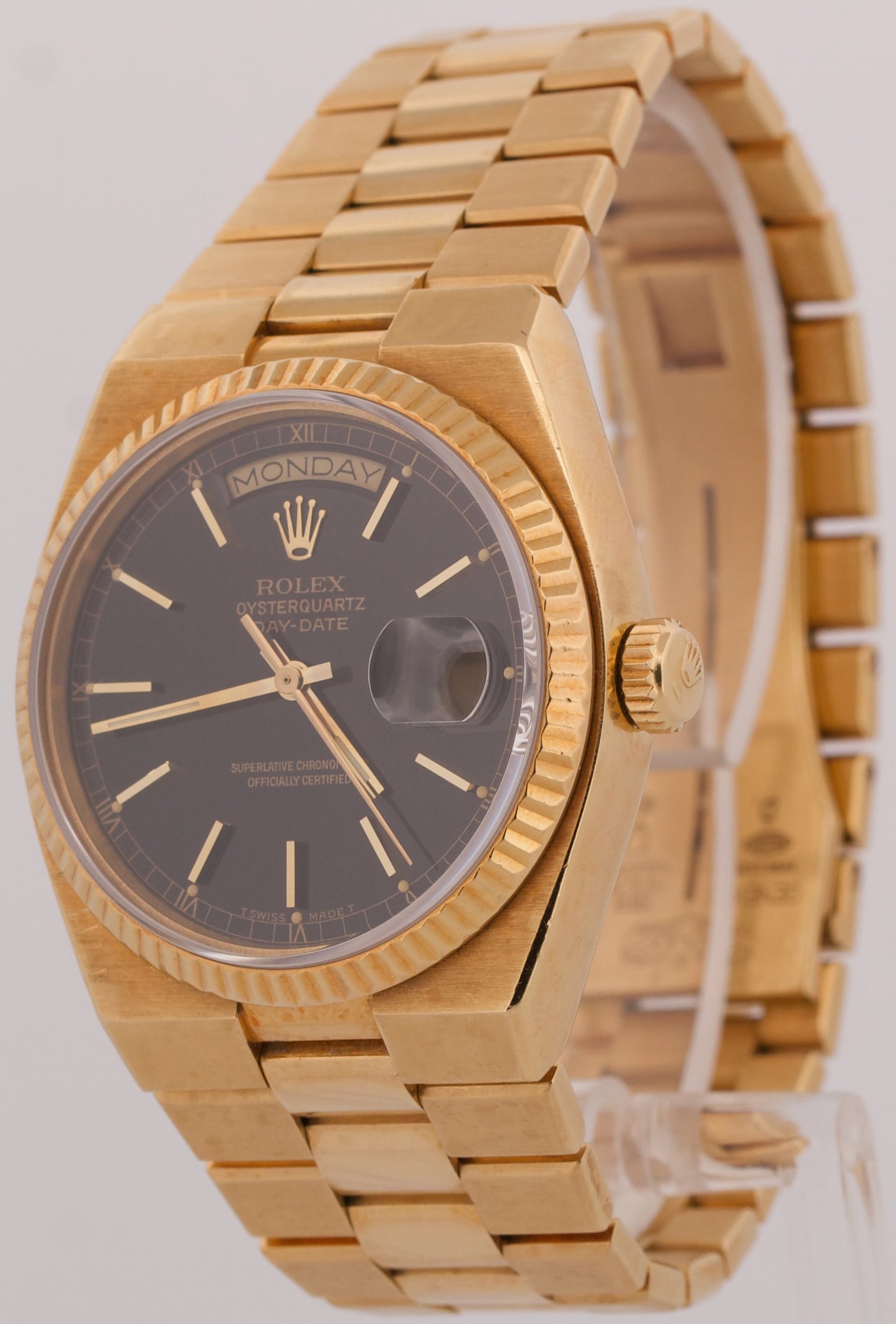 UNPOLISHED 1984 Rolex OysterQuartz Day-Date BLACK 36mm 18K Yellow Gold 19018
