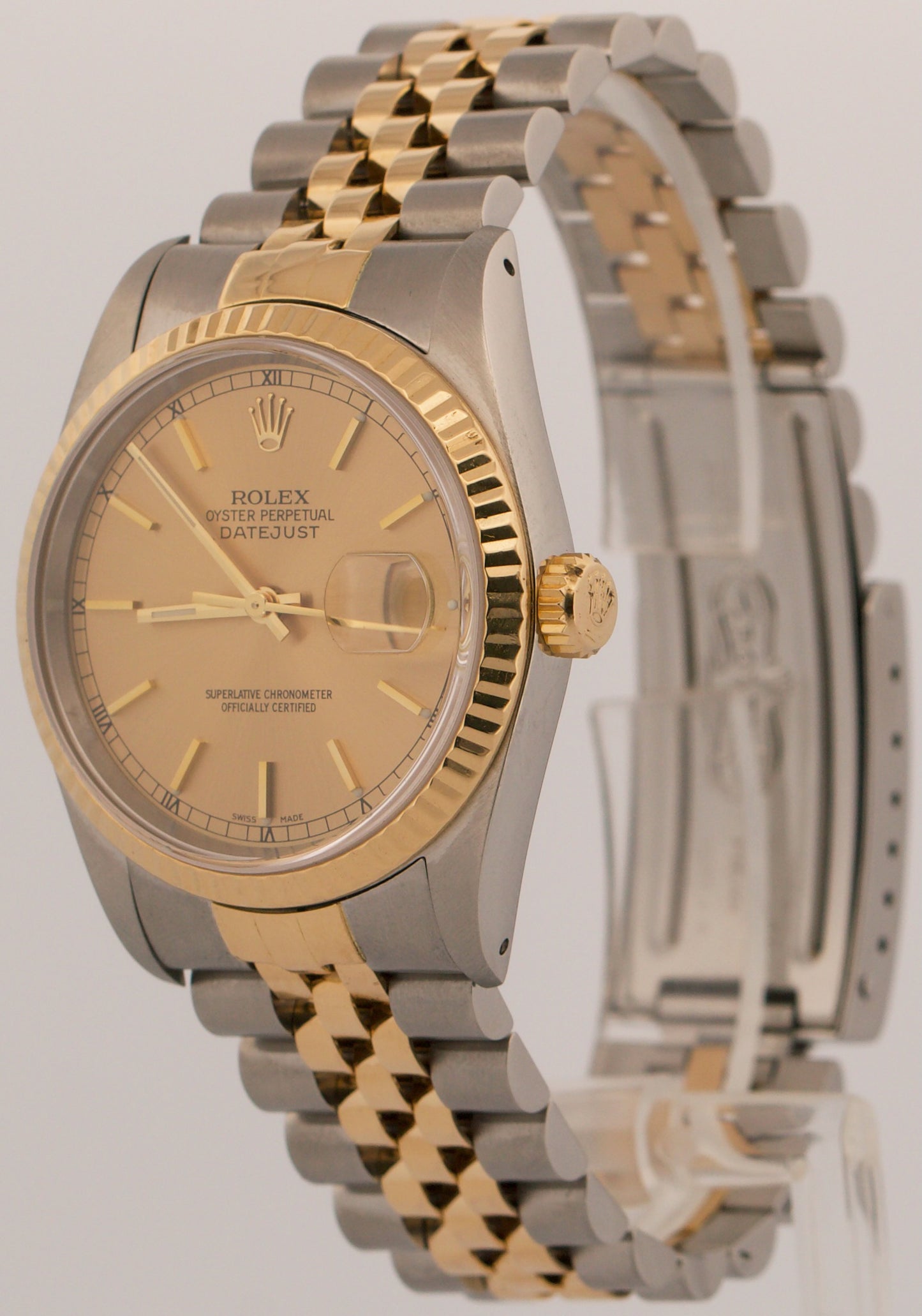 1990 PAPERS Rolex DateJust CHAMPAGNE 18K Gold Steel JUBILEE 36mm 16233 Watch BOX