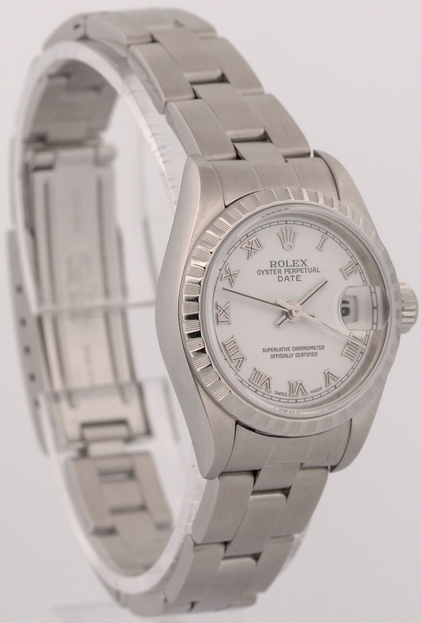 PAPERS Ladies Rolex Date WHITE ROMAN 26mm Engine-Turned Steel 79240 BOX