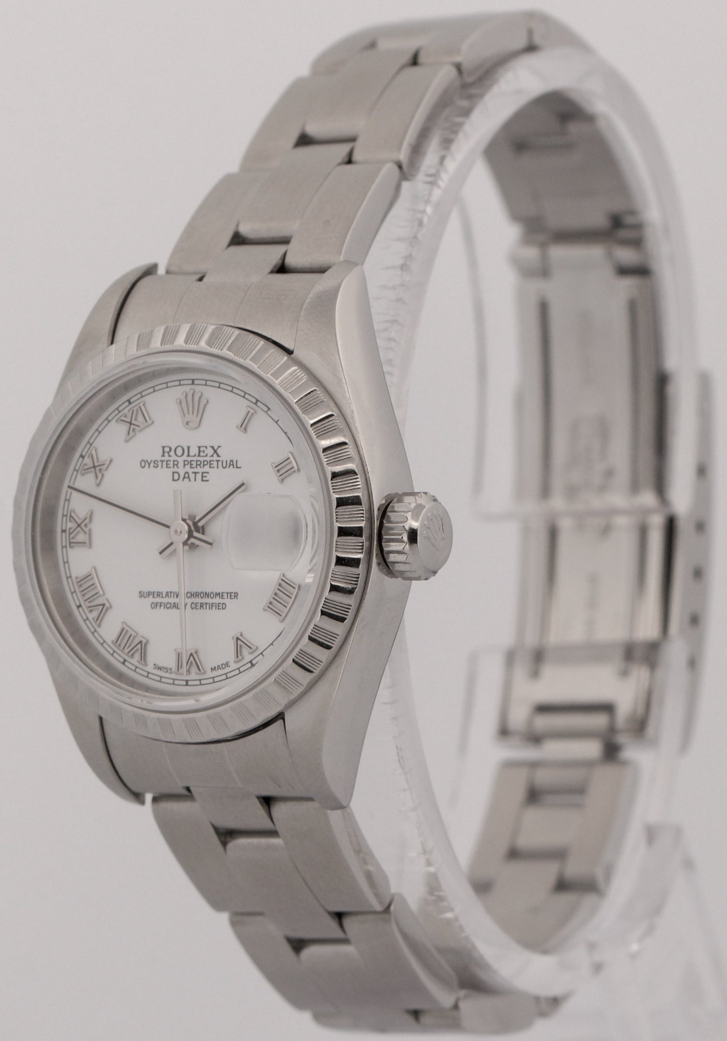 PAPERS Ladies Rolex Date WHITE ROMAN 26mm Engine-Turned Steel 79240 BOX
