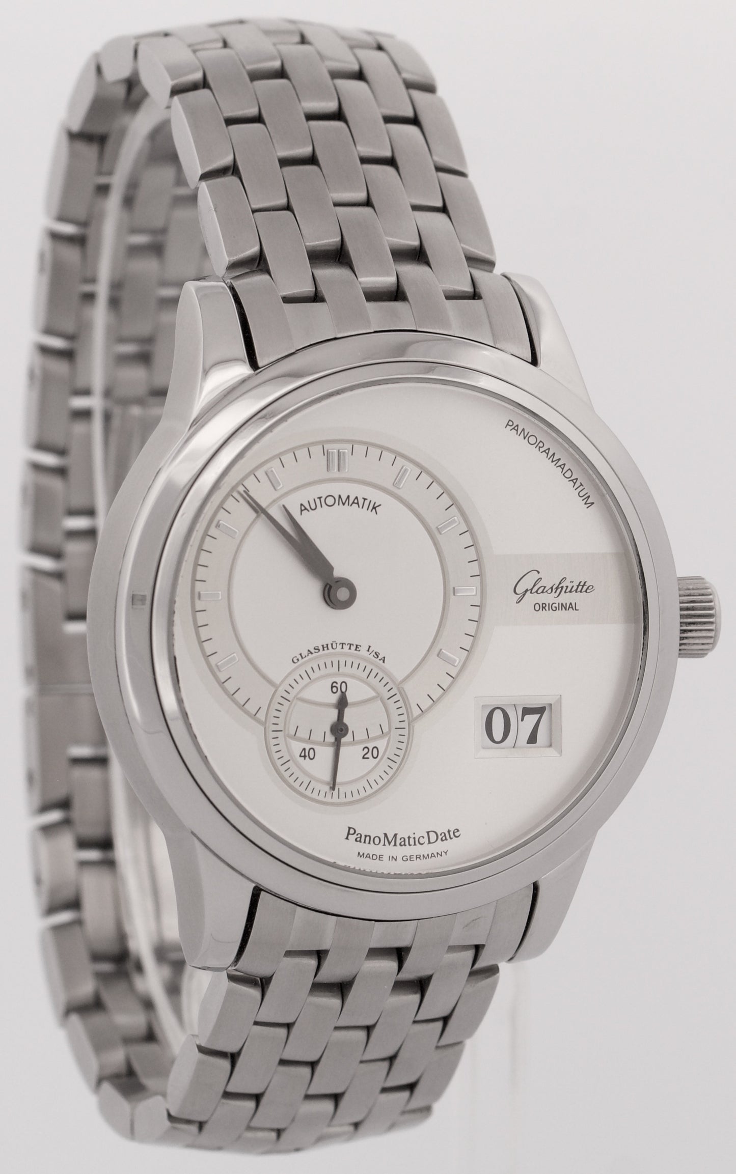 Glashutte Panomatic Date 39mm SILVER Automatic Stainless 90-01-02-02-14 BOX