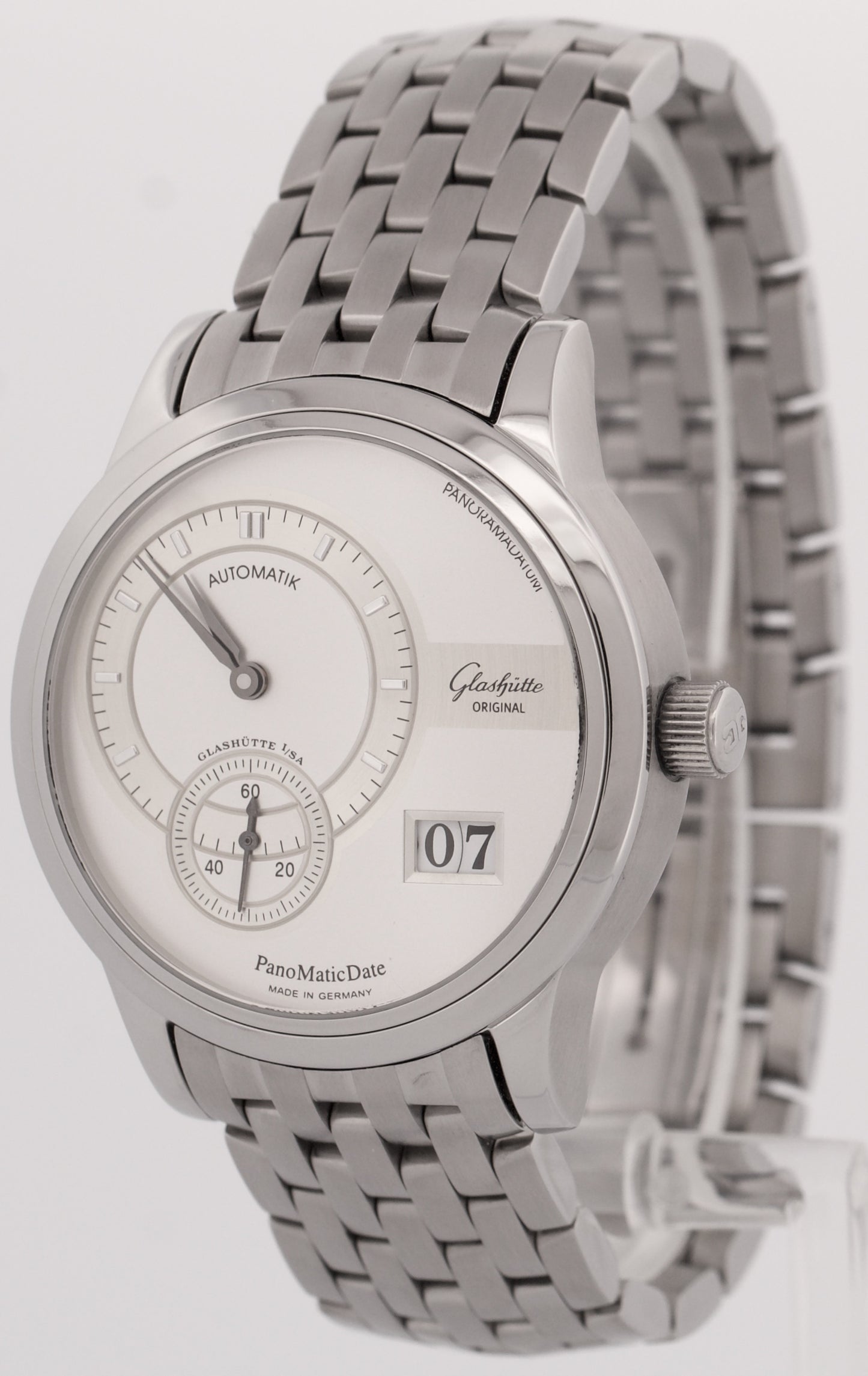 Glashutte Panomatic Date 39mm SILVER Automatic Stainless 90-01-02-02-14 BOX