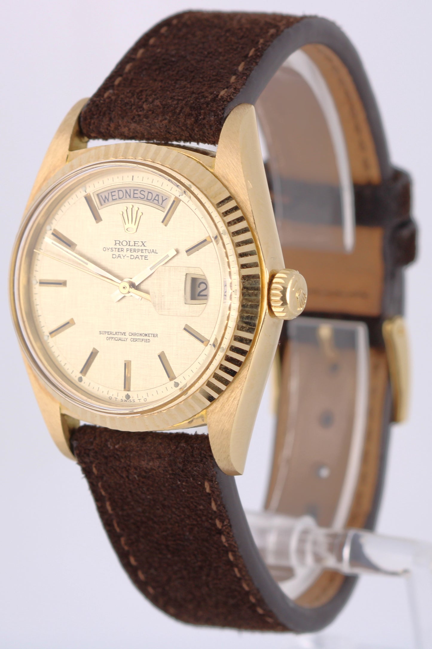 VINTAGE Rolex Day-Date 18k Gold Champagne Linen Pie Pan Sigma 36mm 1803 Watch