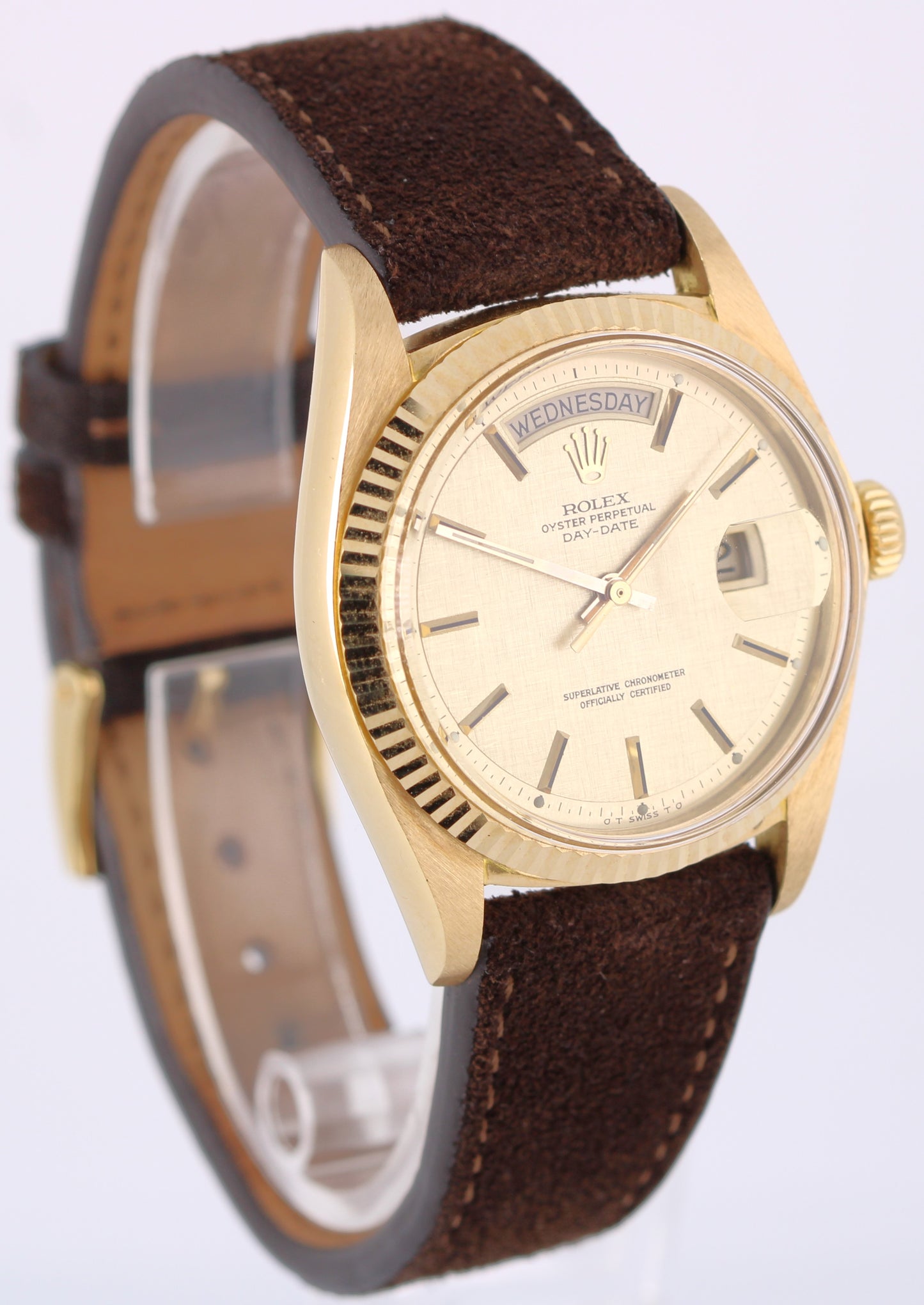 VINTAGE Rolex Day-Date 18k Gold Champagne Linen Pie Pan Sigma 36mm 1803 Watch
