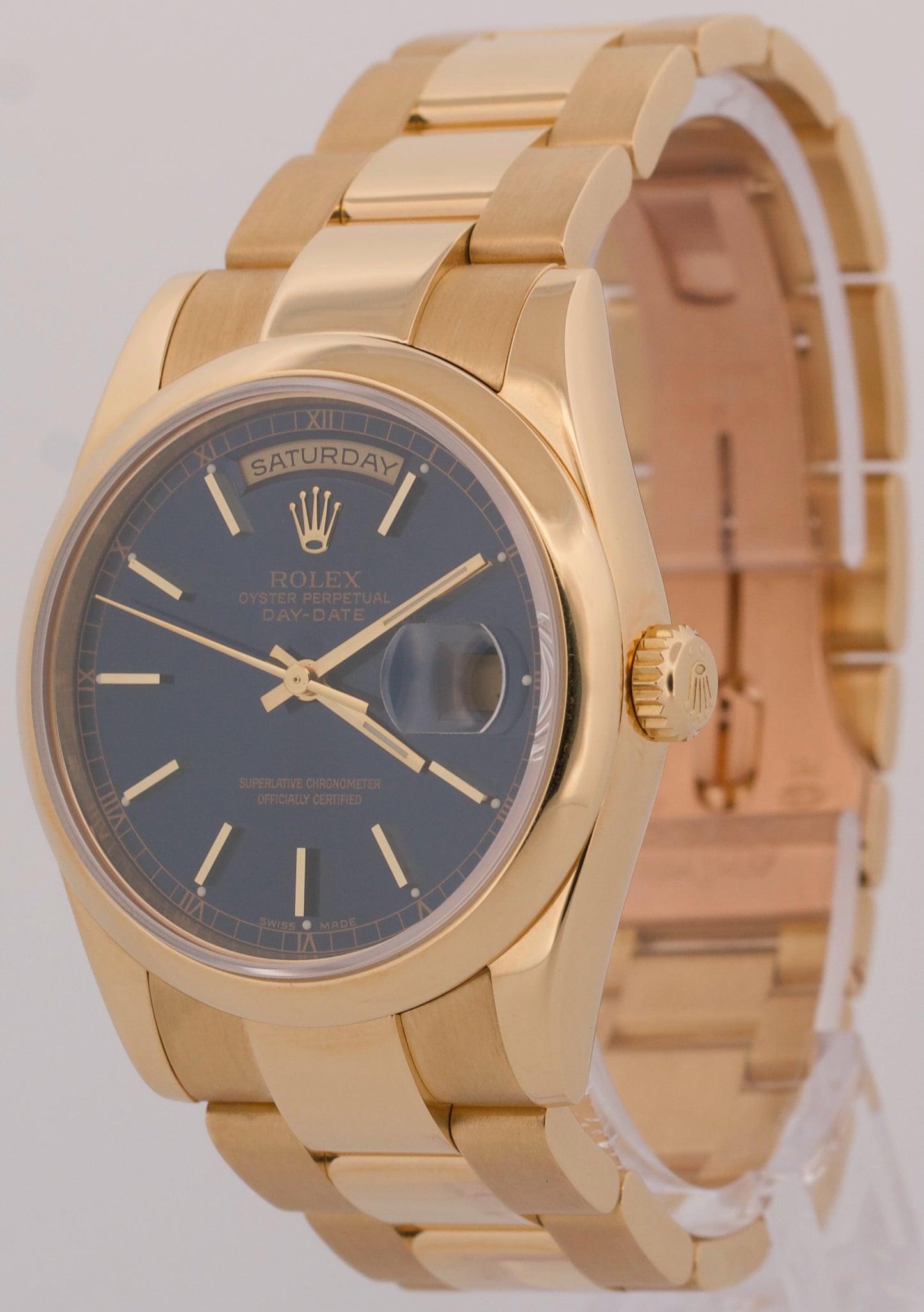 2005 PAPERS Rolex Day-Date BLUE 18K Yellow Gold OYSTER Smooth 36mm 118208 BOX