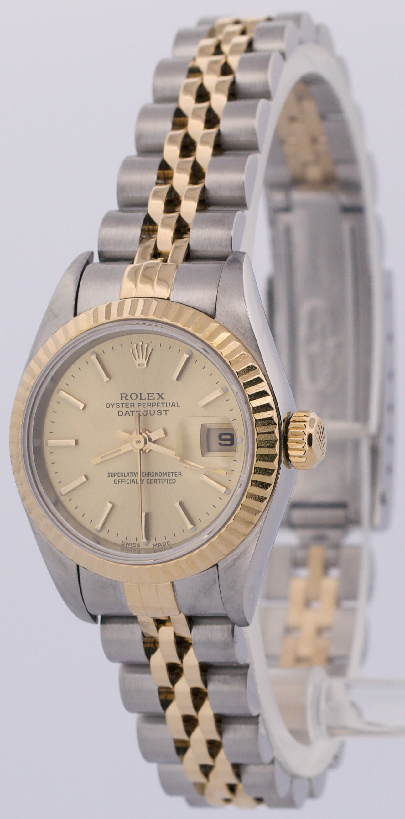 PAPERS Ladies Rolex DateJust CHAMPAGNE 18K Gold Steel JUBILEE 26mm 79173 BOX