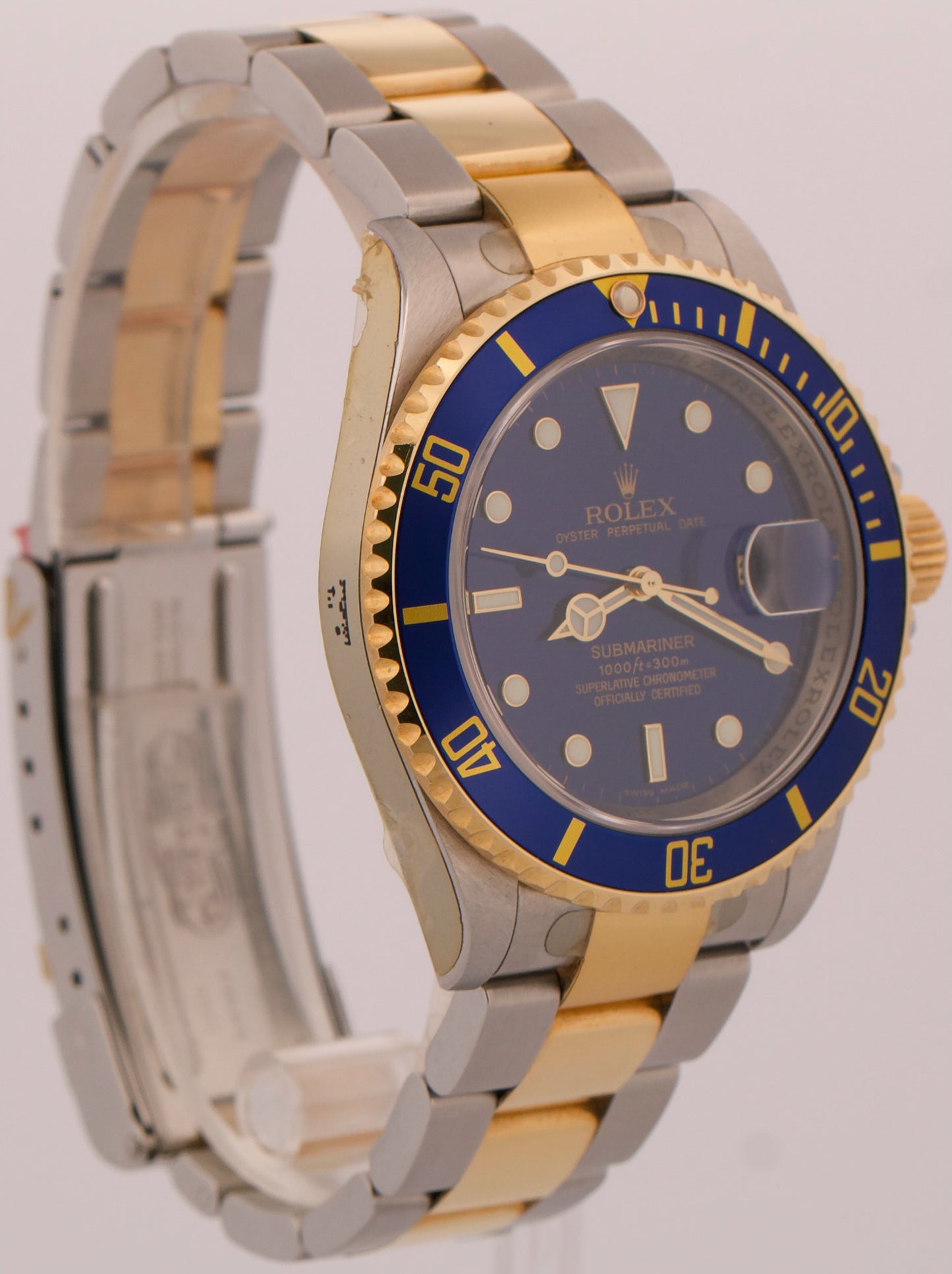 STICKERED Rolex Submariner Date 40mm BLUE 18K Gold Steel REHAUT No-Holes 16613