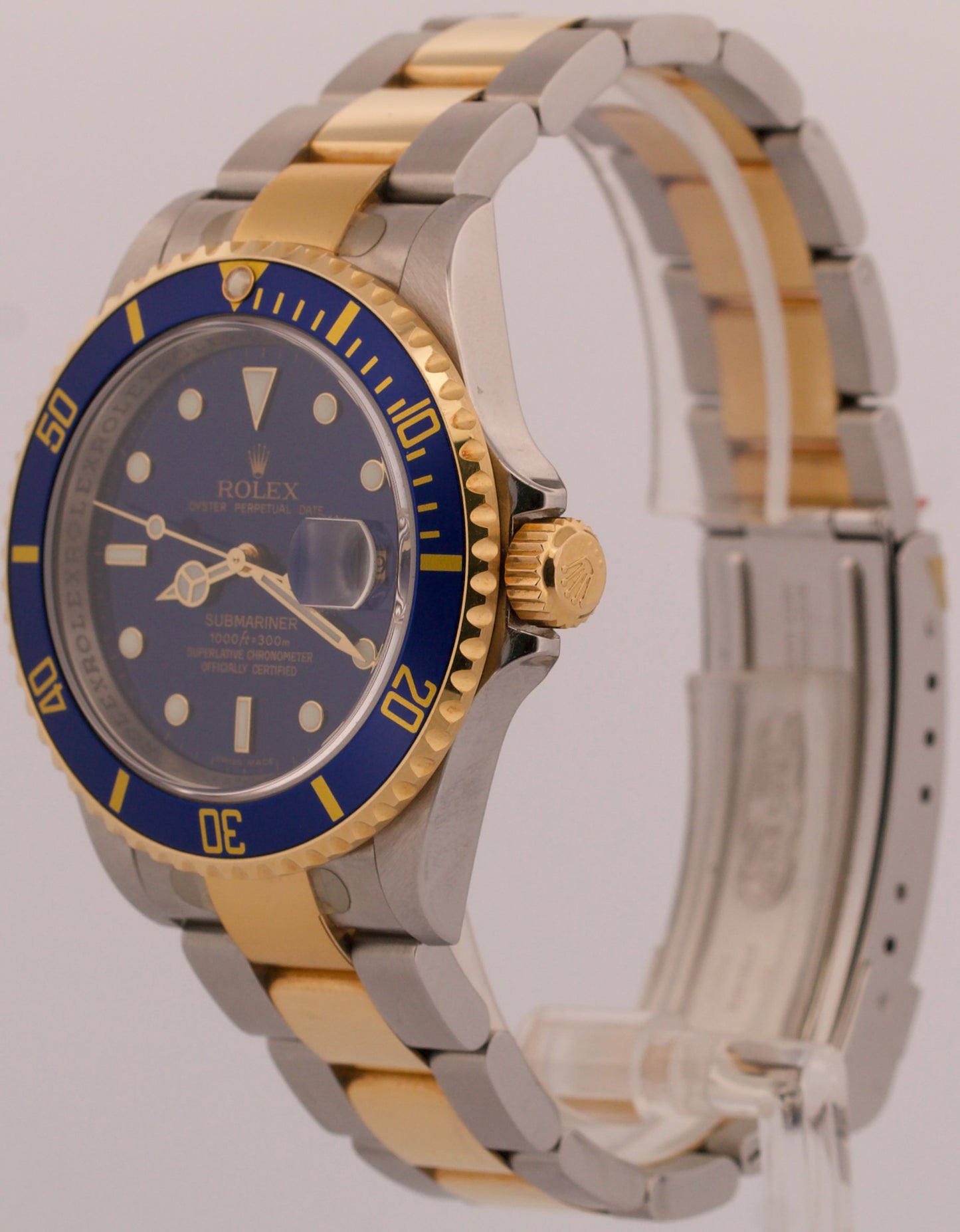 STICKERED Rolex Submariner Date 40mm BLUE 18K Gold Steel REHAUT No-Holes 16613