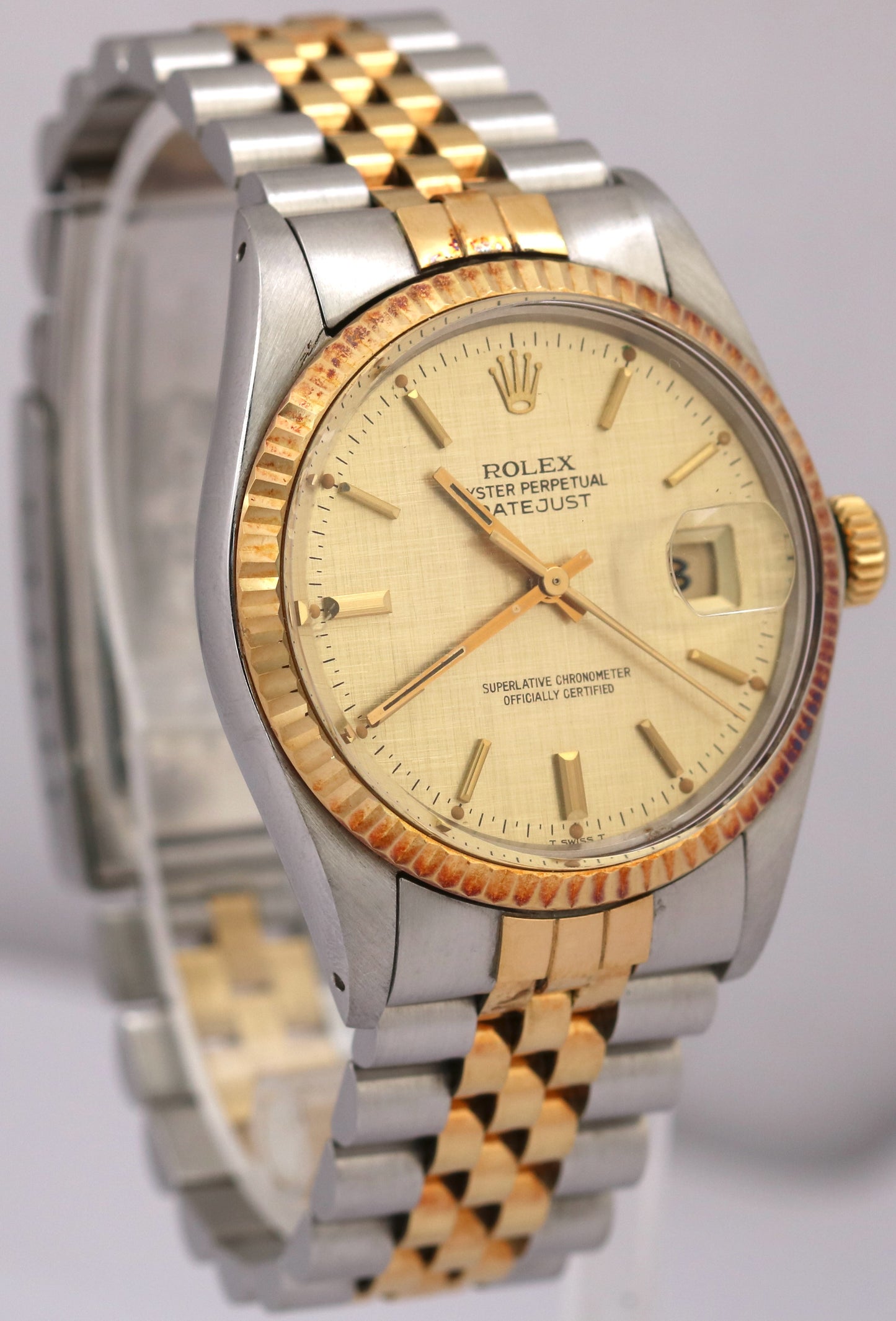 Rolex DateJust 36mm CHAMPAGNE LINEN 18K Yellow Gold Stainless JUBILEE 16013