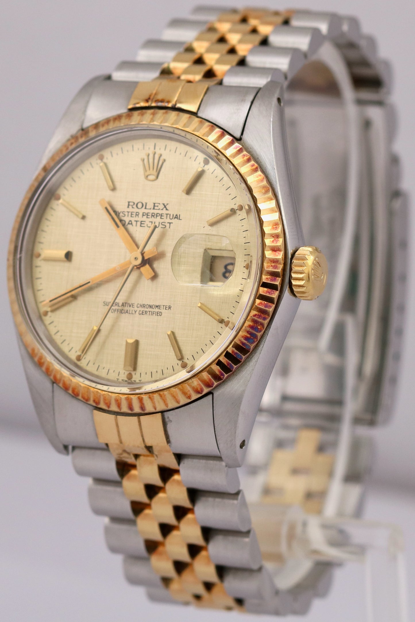 Rolex DateJust 36mm CHAMPAGNE LINEN 18K Yellow Gold Stainless JUBILEE 16013