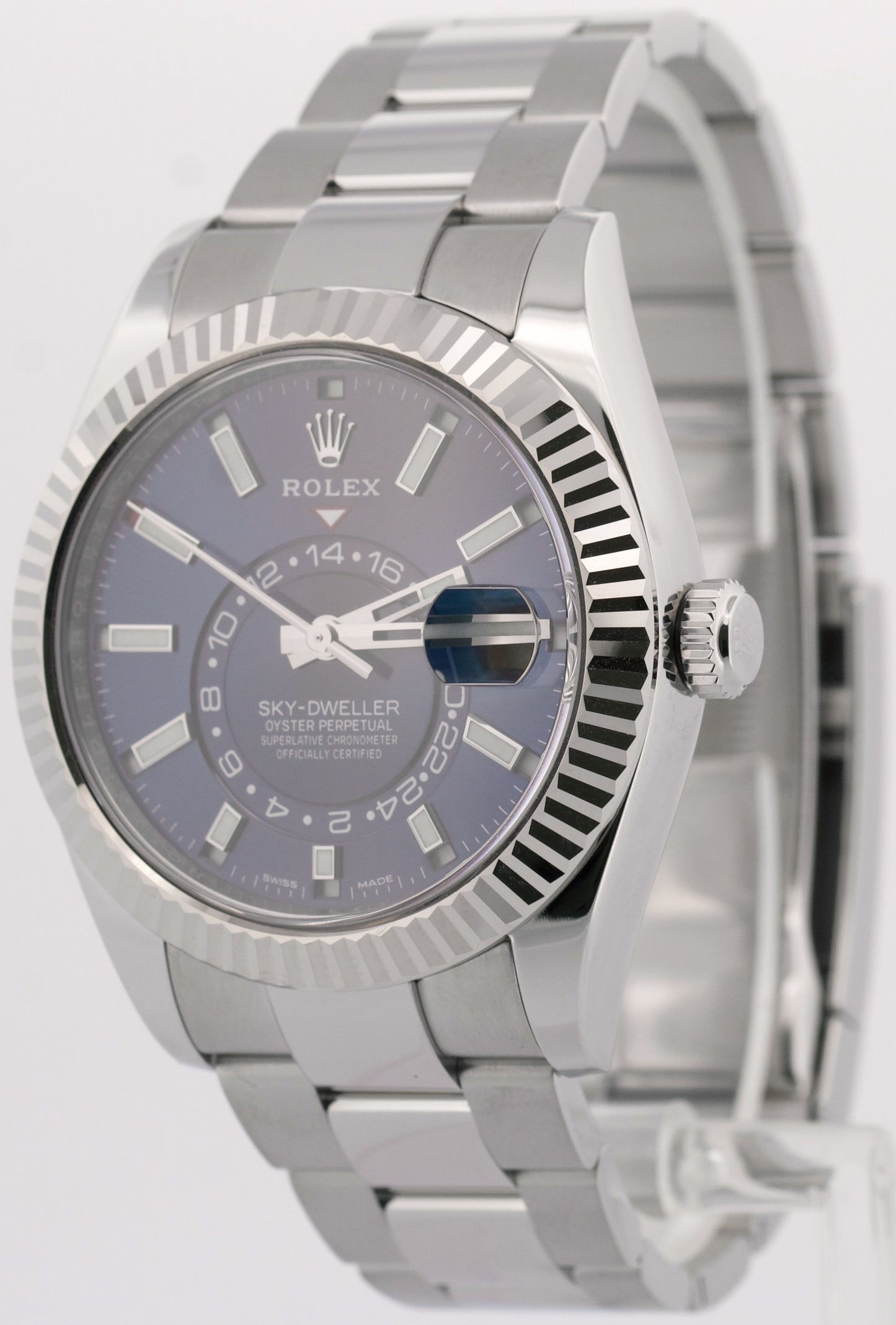 PAPERS Rolex Sky-Dweller BLUE Steel 18K White Gold 42mm Oyster Fluted 326934 BOX