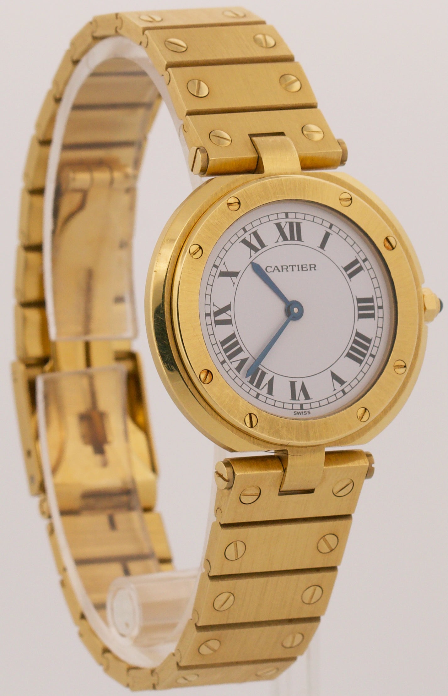 UNPOLISHED Cartier Santos Ronde 32mm WHITE ROMAN 18K Yellow Gold Quartz 81914