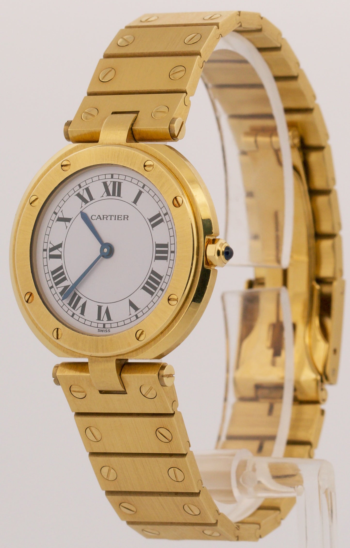 UNPOLISHED Cartier Santos Ronde 32mm WHITE ROMAN 18K Yellow Gold Quartz 81914