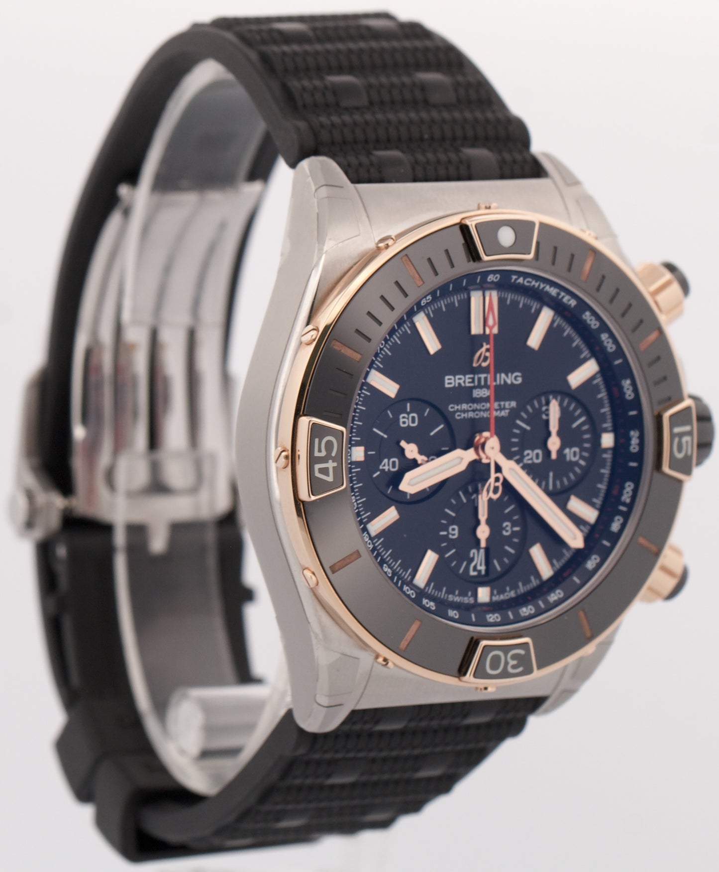 NEW STICKERED PAPERS Breitling Super Chronomat BLACK 18K Gold 44mm UB0136 BOX
