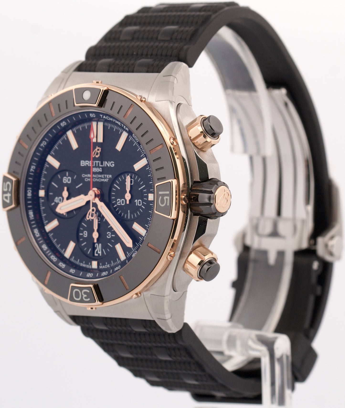 NEW STICKERED PAPERS Breitling Super Chronomat BLACK 18K Gold 44mm UB0136 BOX