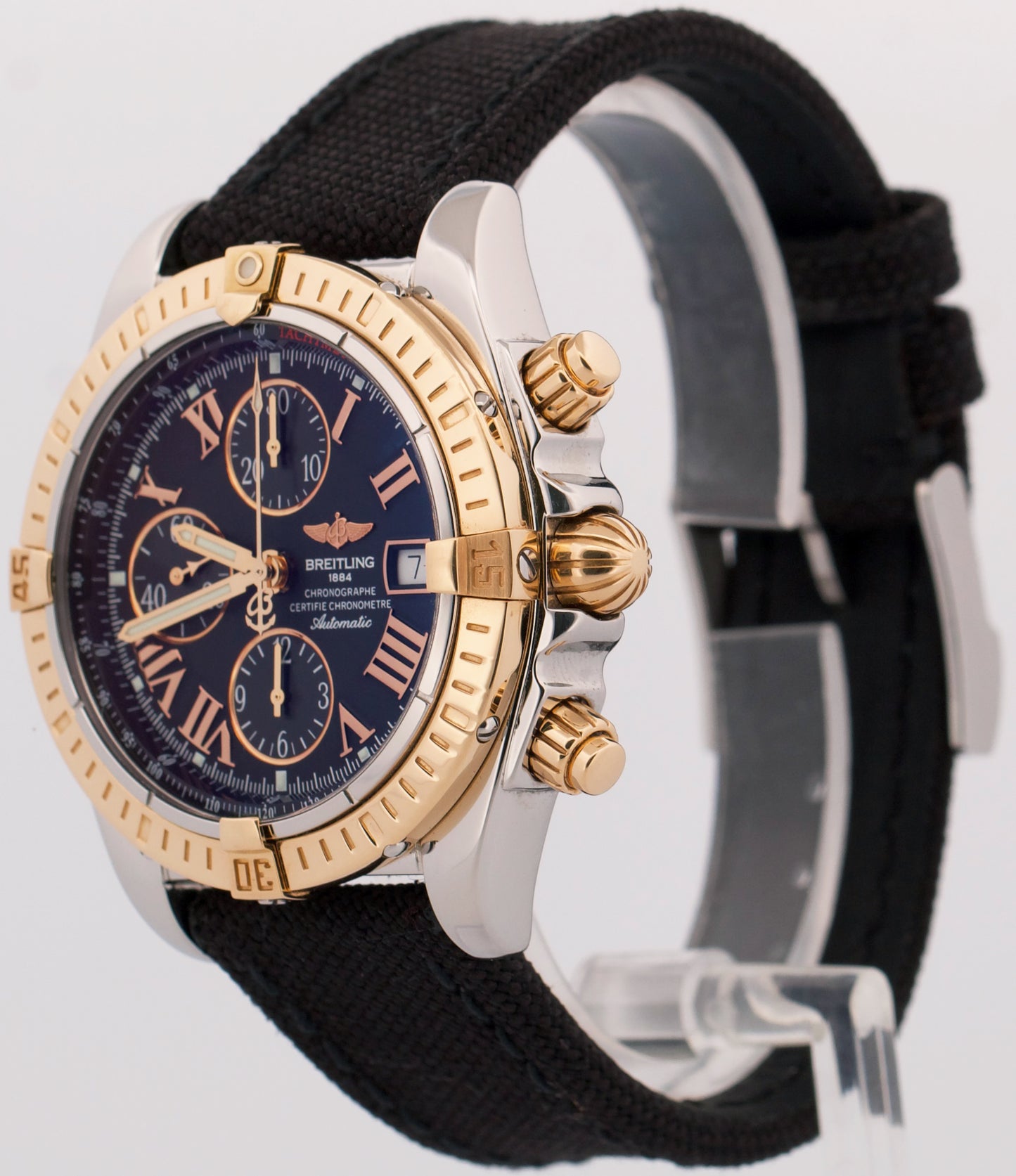 PAPERS Breitling Chronomat Evolution 43mm BLACK ROMAN 18K Gold Steel C13356 BOX