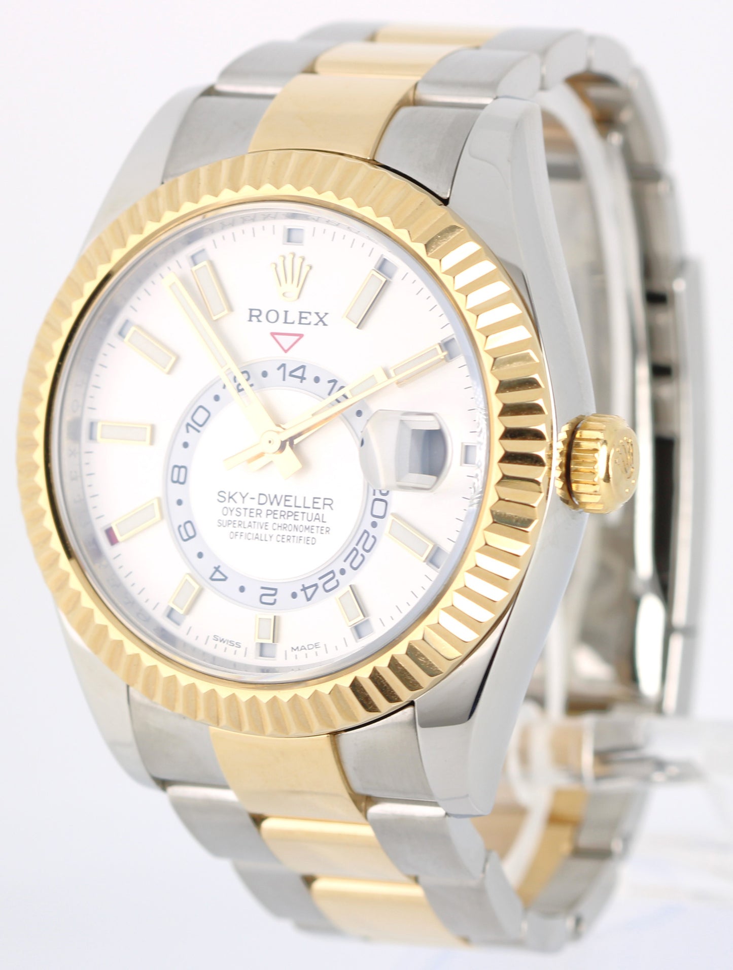 Rolex Sky-Dweller 326933 Two-Tone 18k Yellow Gold Steel White 42mm Fluted Watch
