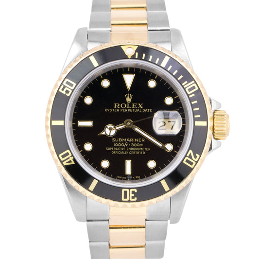 Rolex Submariner Date 40mm Black Two Tone 18K Gold Stainless Steel 16613 Watch