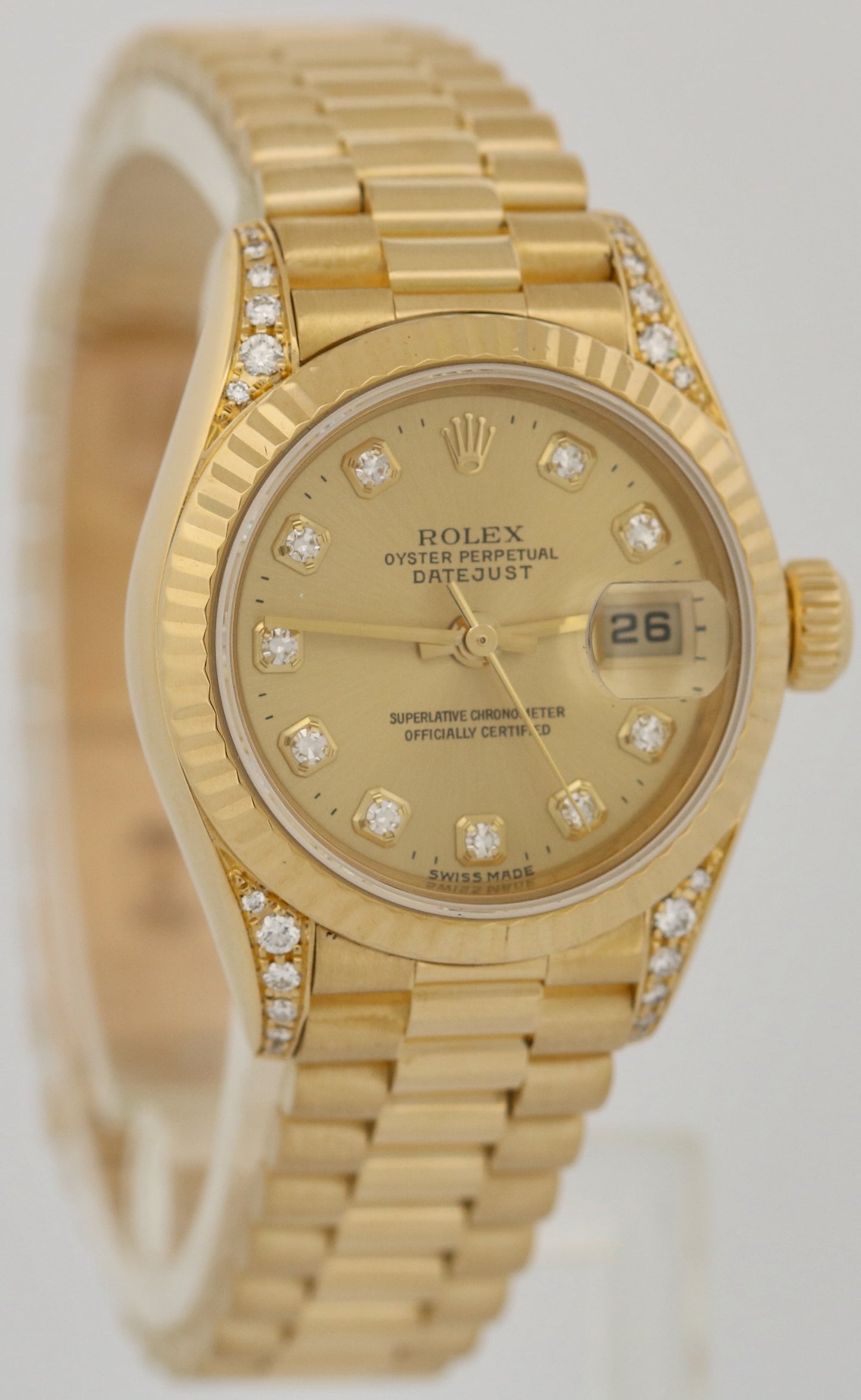 Ladies Rolex DateJust President 26mm FACTORY CHAMPAGNE DIAMOND 18K 79238 BOX