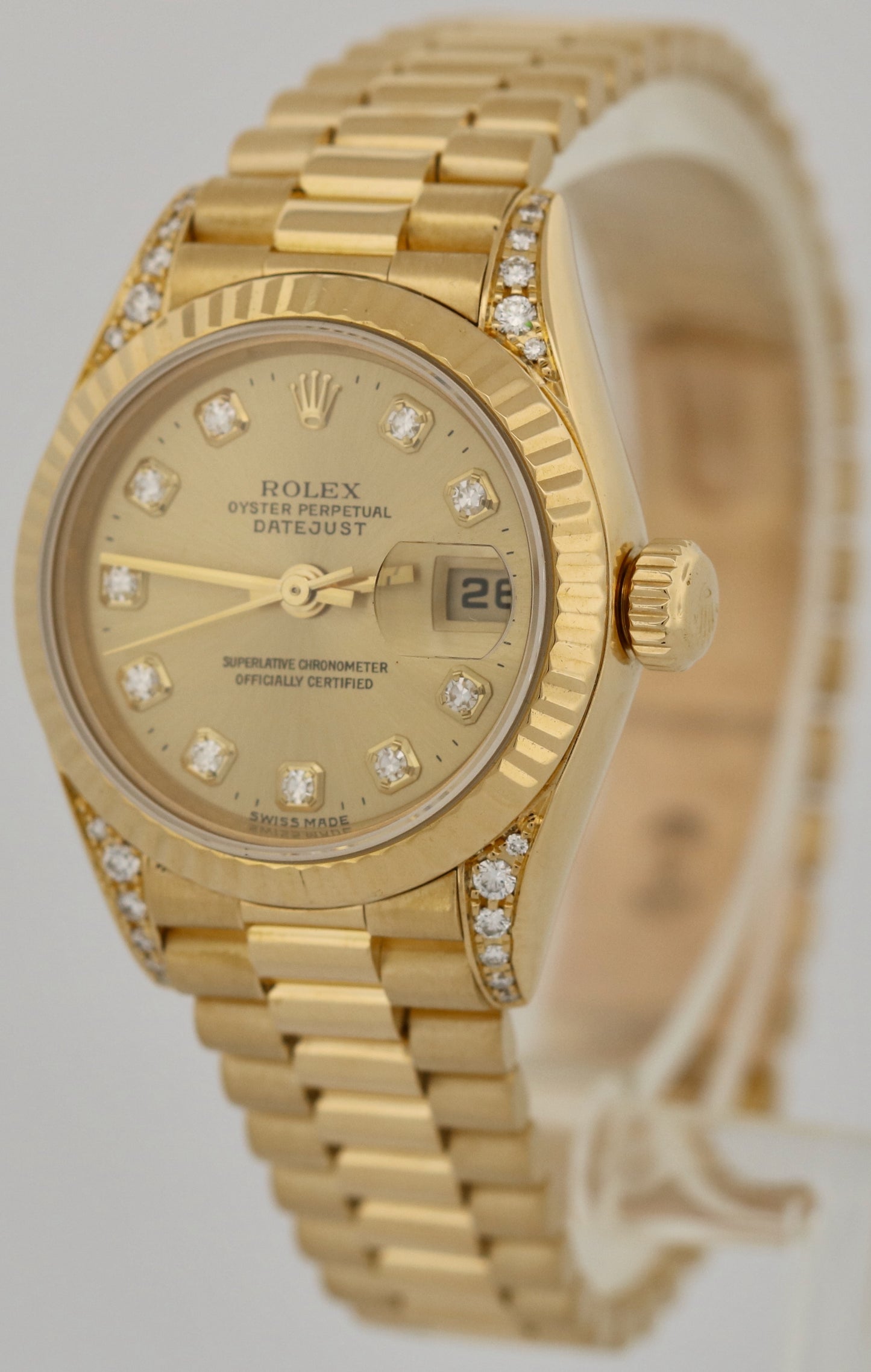 Ladies Rolex DateJust President 26mm FACTORY CHAMPAGNE DIAMOND 18K 79238 BOX