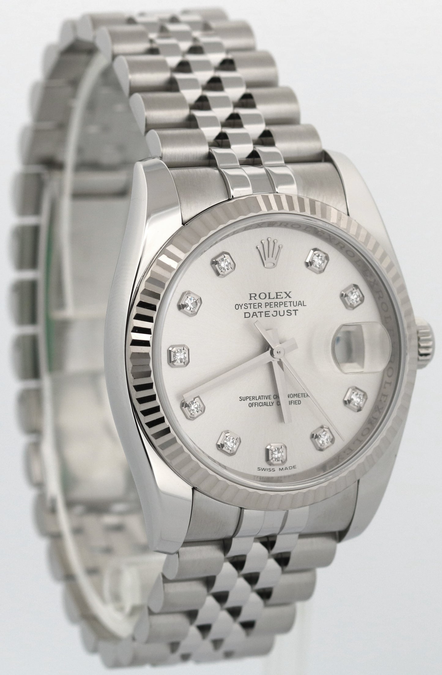 PAPERS Rolex DateJust 36mm SILVER DIAMOND Stainless Steel JUBILEE 18K 116234 BOX