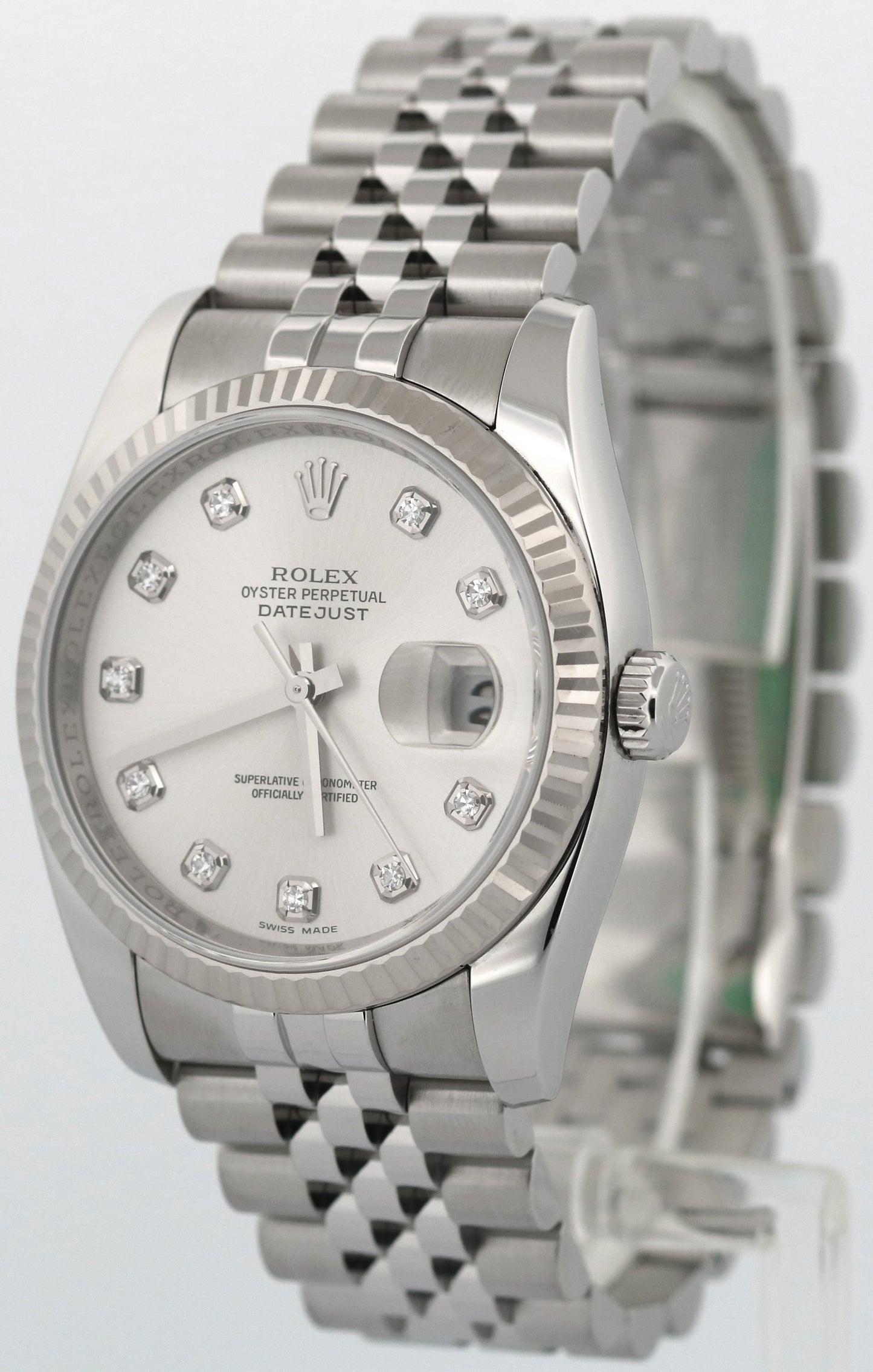 PAPERS Rolex DateJust 36mm SILVER DIAMOND Stainless Steel JUBILEE 18K 116234 BOX