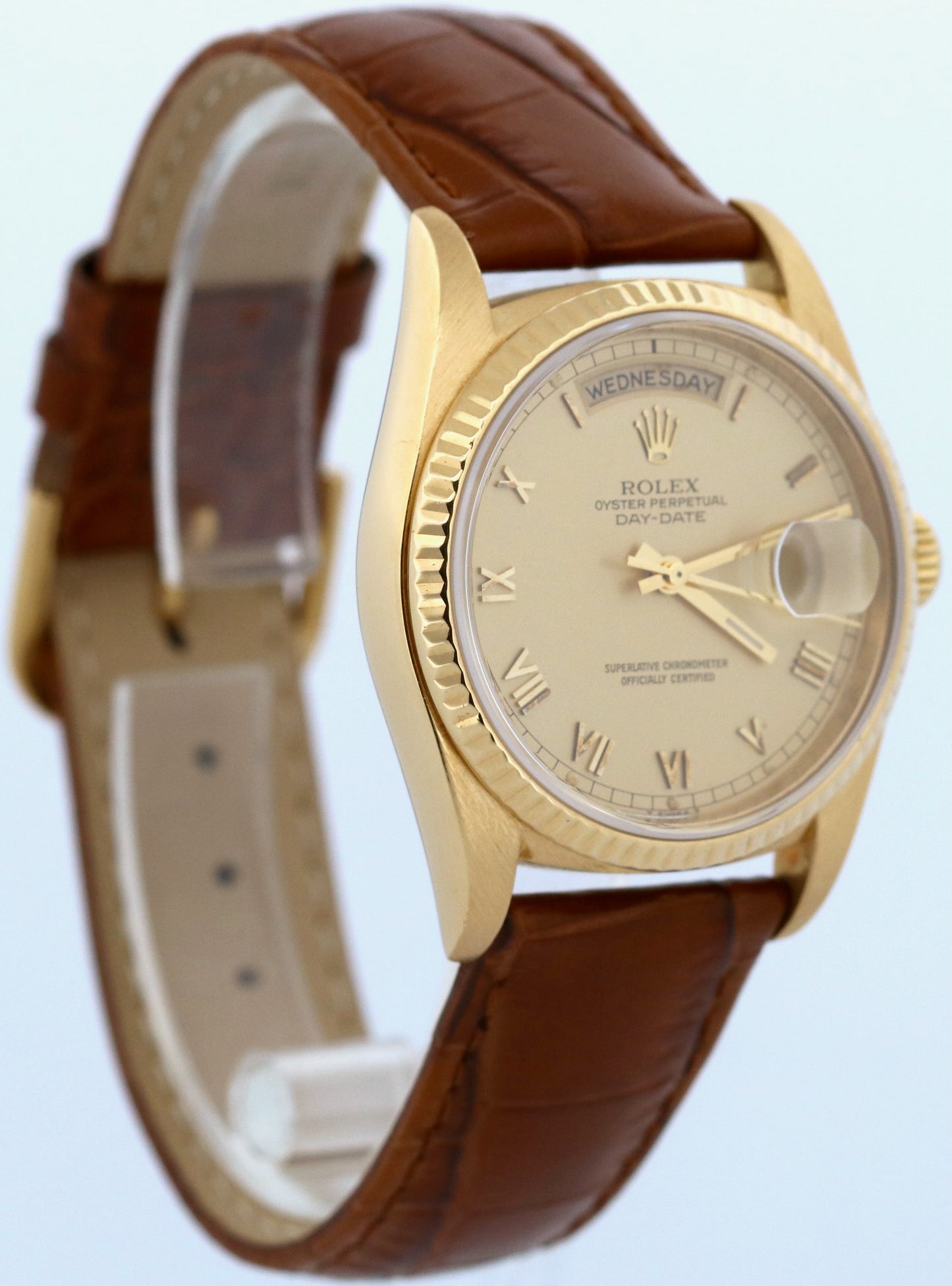Rolex Day-Date FLAT CHAMPAGNE ROMAN 18K Yellow Gold Fluted Leather 36mm 18238