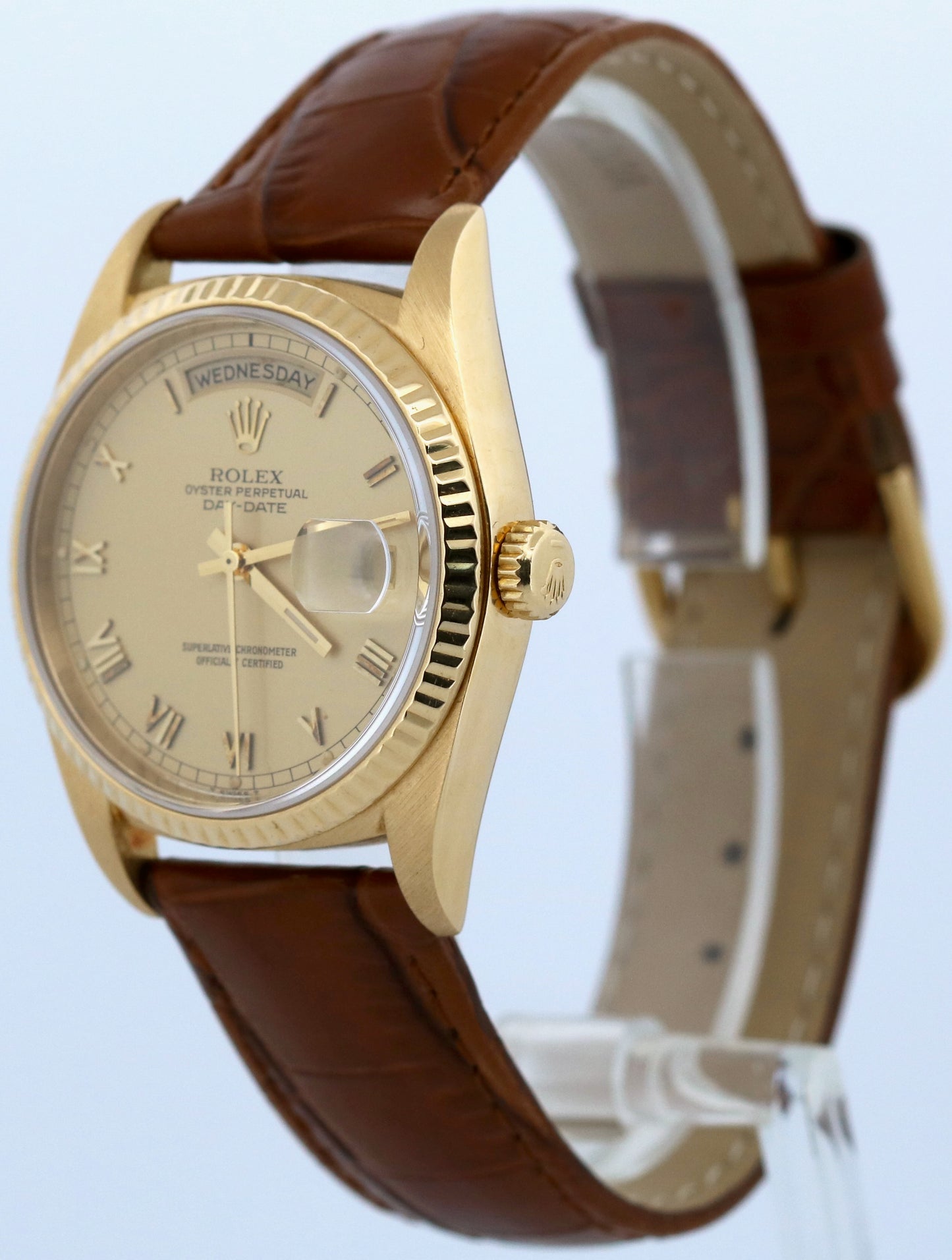 Rolex Day-Date FLAT CHAMPAGNE ROMAN 18K Yellow Gold Fluted Leather 36mm 18238