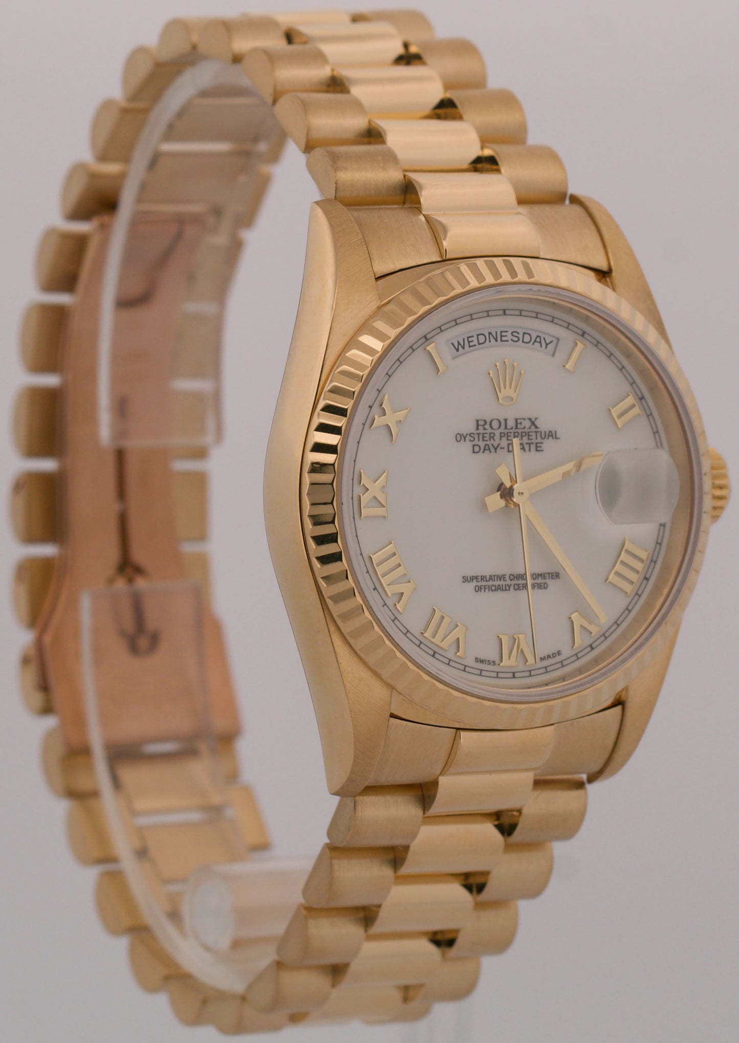 1998 PAPERS Rolex Day-Date President WHITE ROMAN 18K Yellow Gold 36mm 18238 BOX