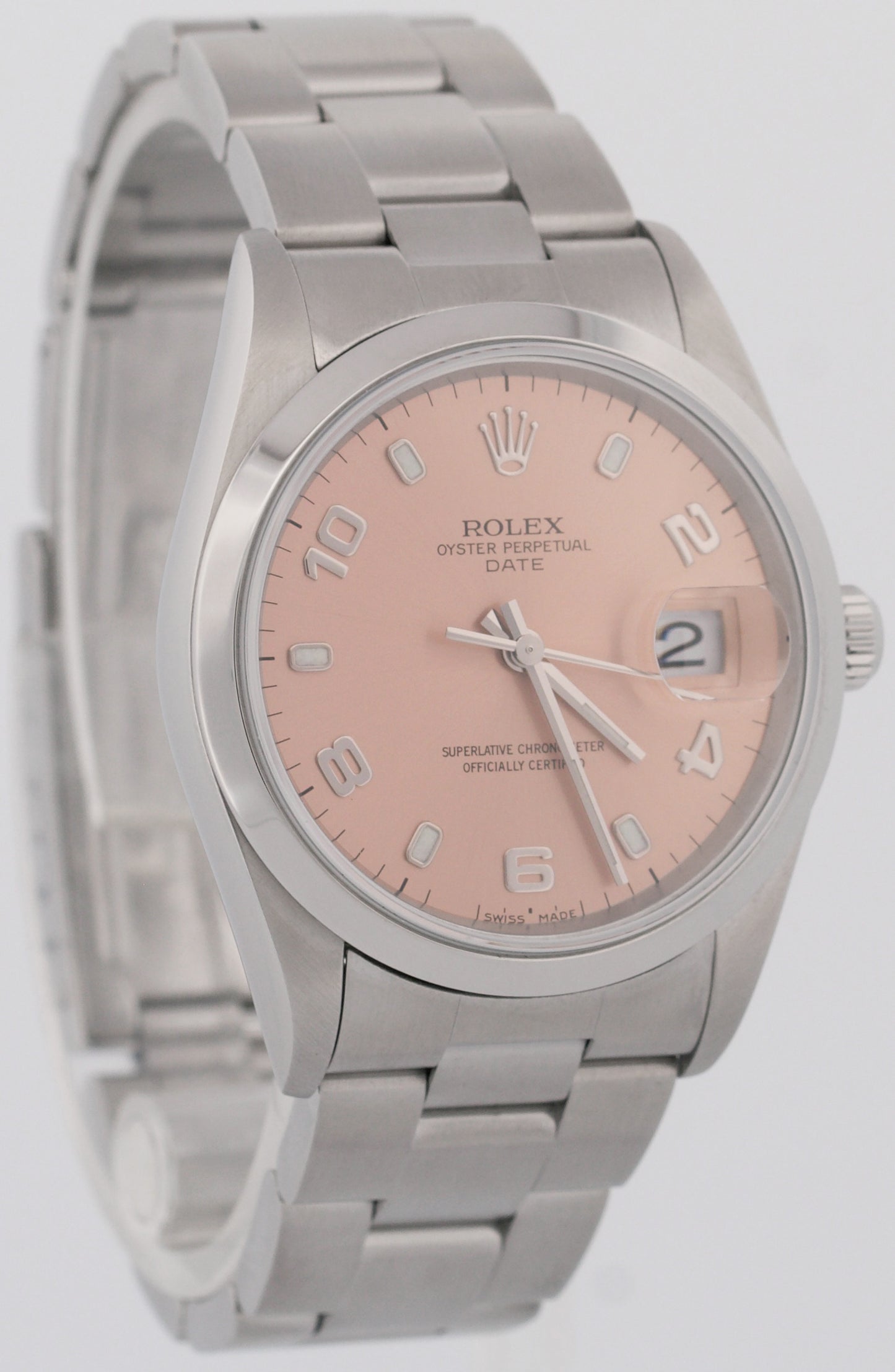 MINT Rolex Oyster Perpetual Date 34mm SALMON Pink Stainless Steel Watch 15200