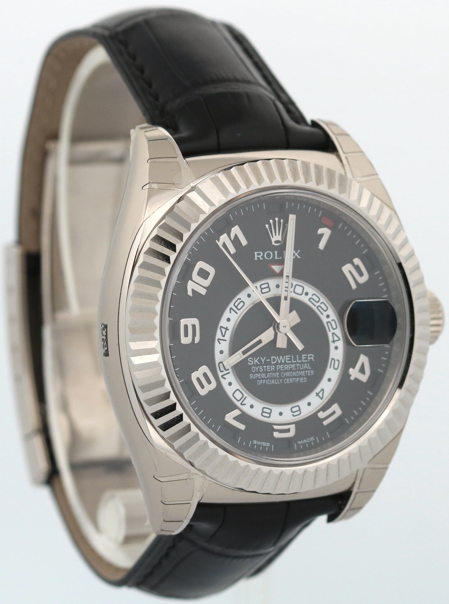 STICKERED Rolex Sky-Dweller BLACK ARABIC 18K White Gold Leather 42mm 326139 BOX