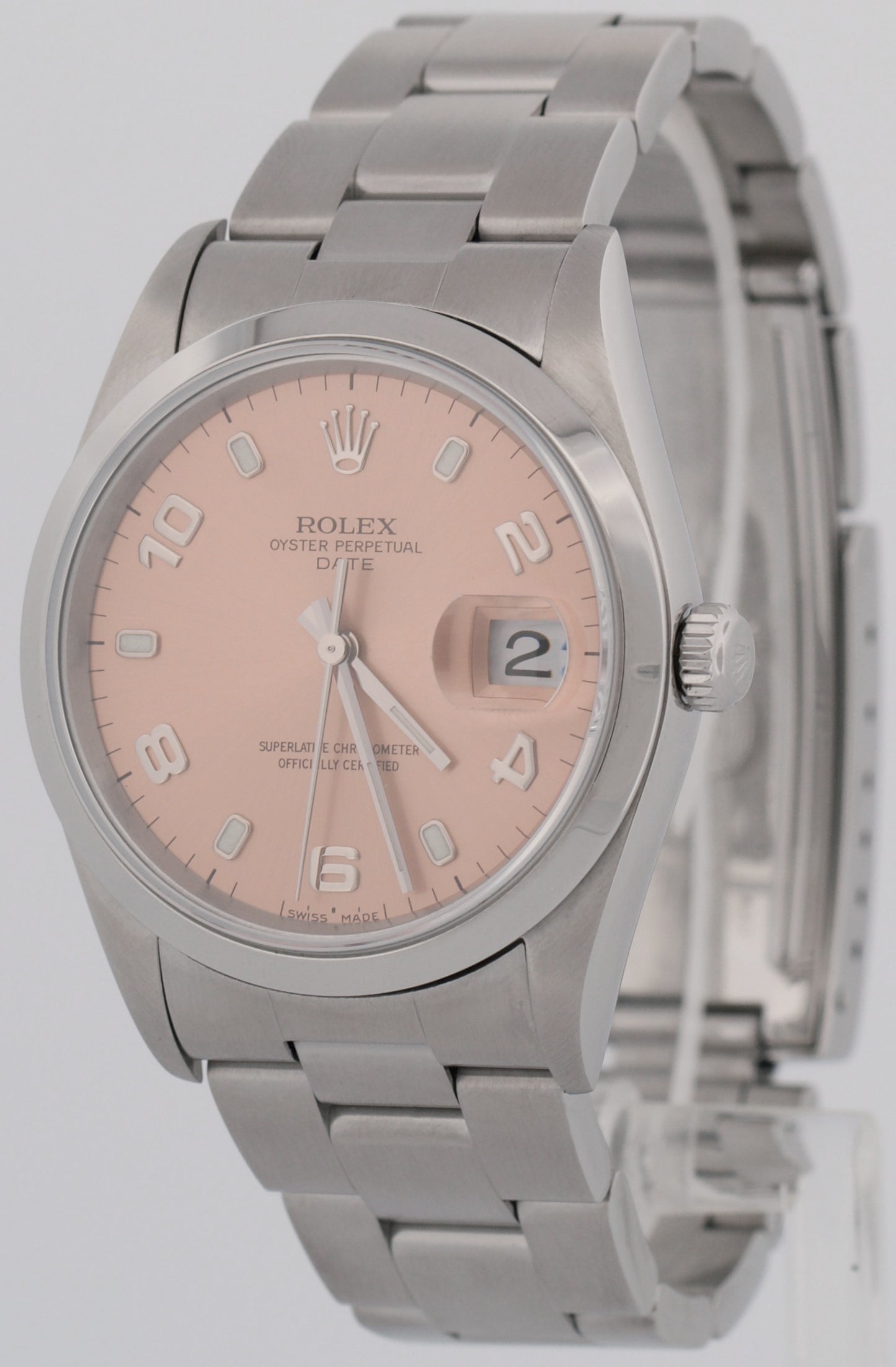 MINT Rolex Oyster Perpetual Date 34mm SALMON Pink Stainless Steel Watch 15200
