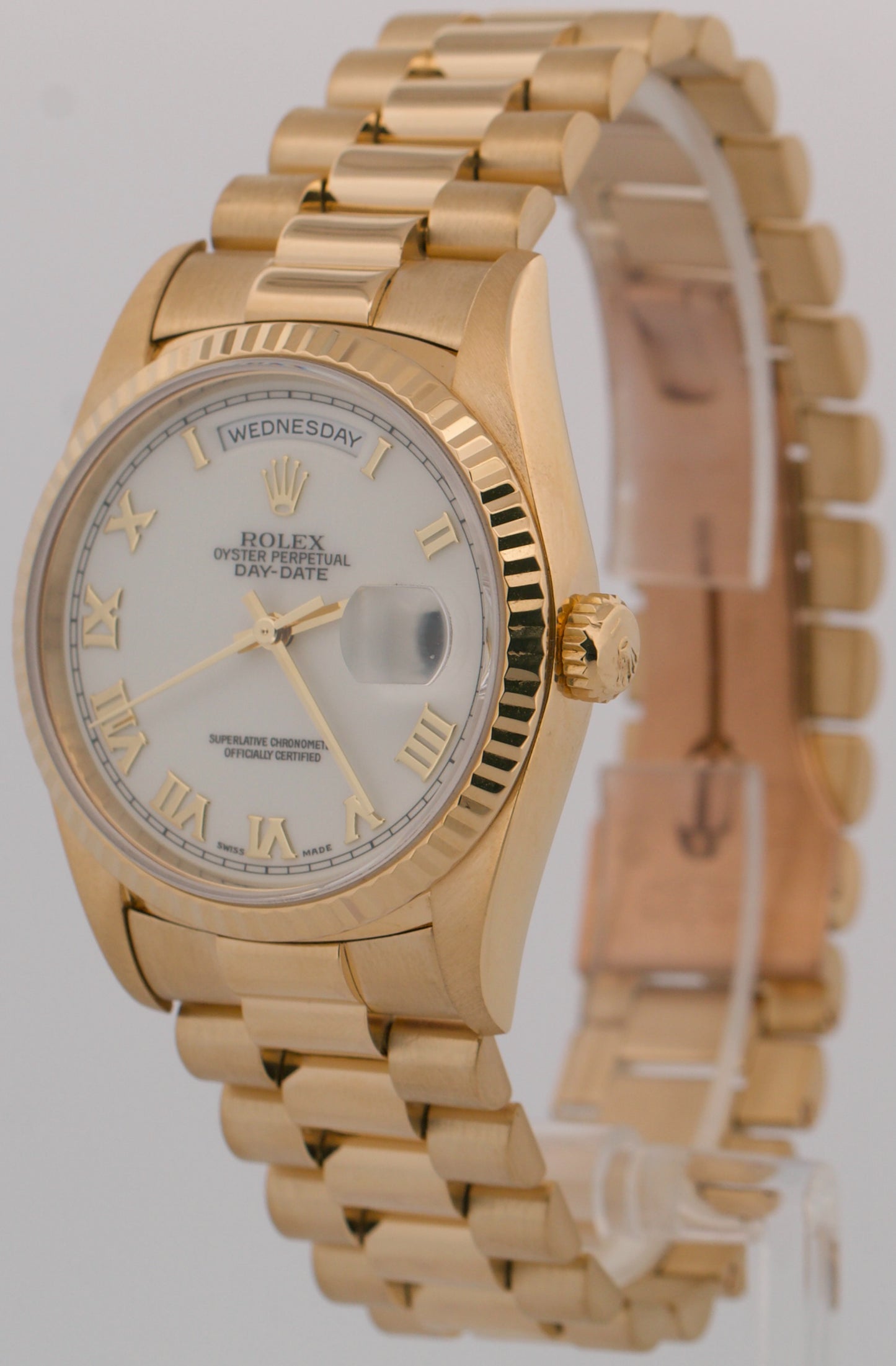 1998 PAPERS Rolex Day-Date President WHITE ROMAN 18K Yellow Gold 36mm 18238 BOX