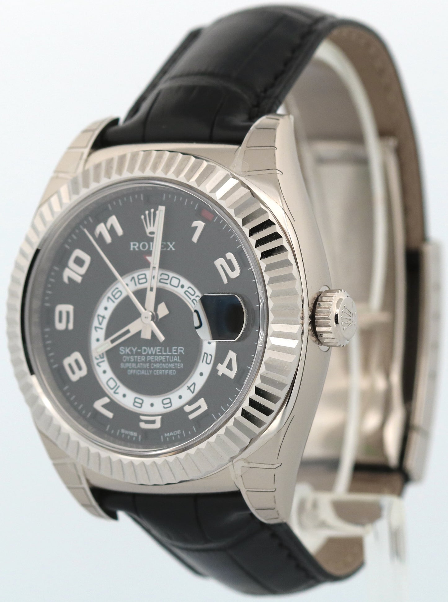 STICKERED Rolex Sky-Dweller BLACK ARABIC 18K White Gold Leather 42mm 326139 BOX