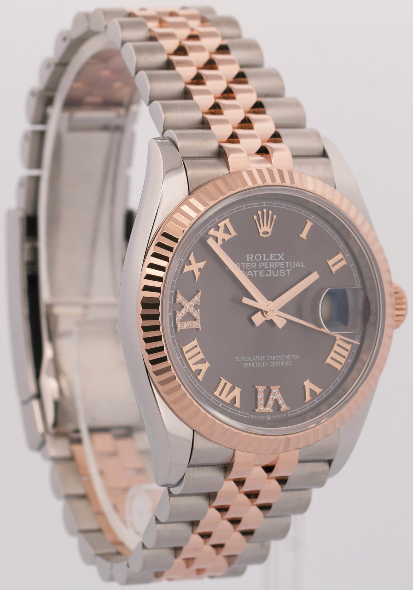 Rolex DateJust RHODIUM ROMAN DIAMOND 18K Rose Gold Steel JUBILEE 36mm 126231