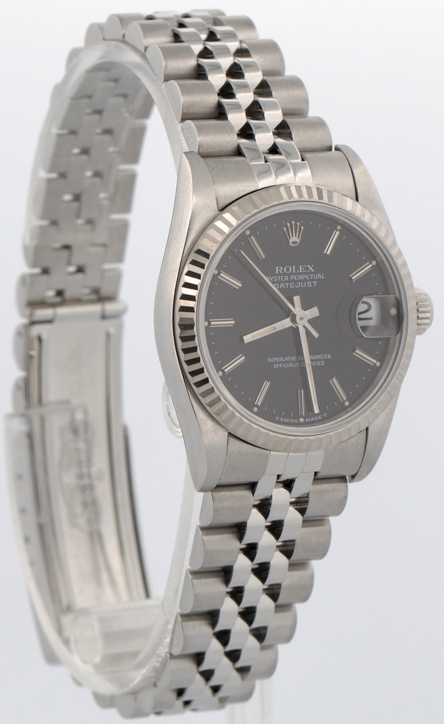 Rolex DateJust 31mm BLACK Steel Midsize 18K Steel Fluted JUBILEE Watch 68274
