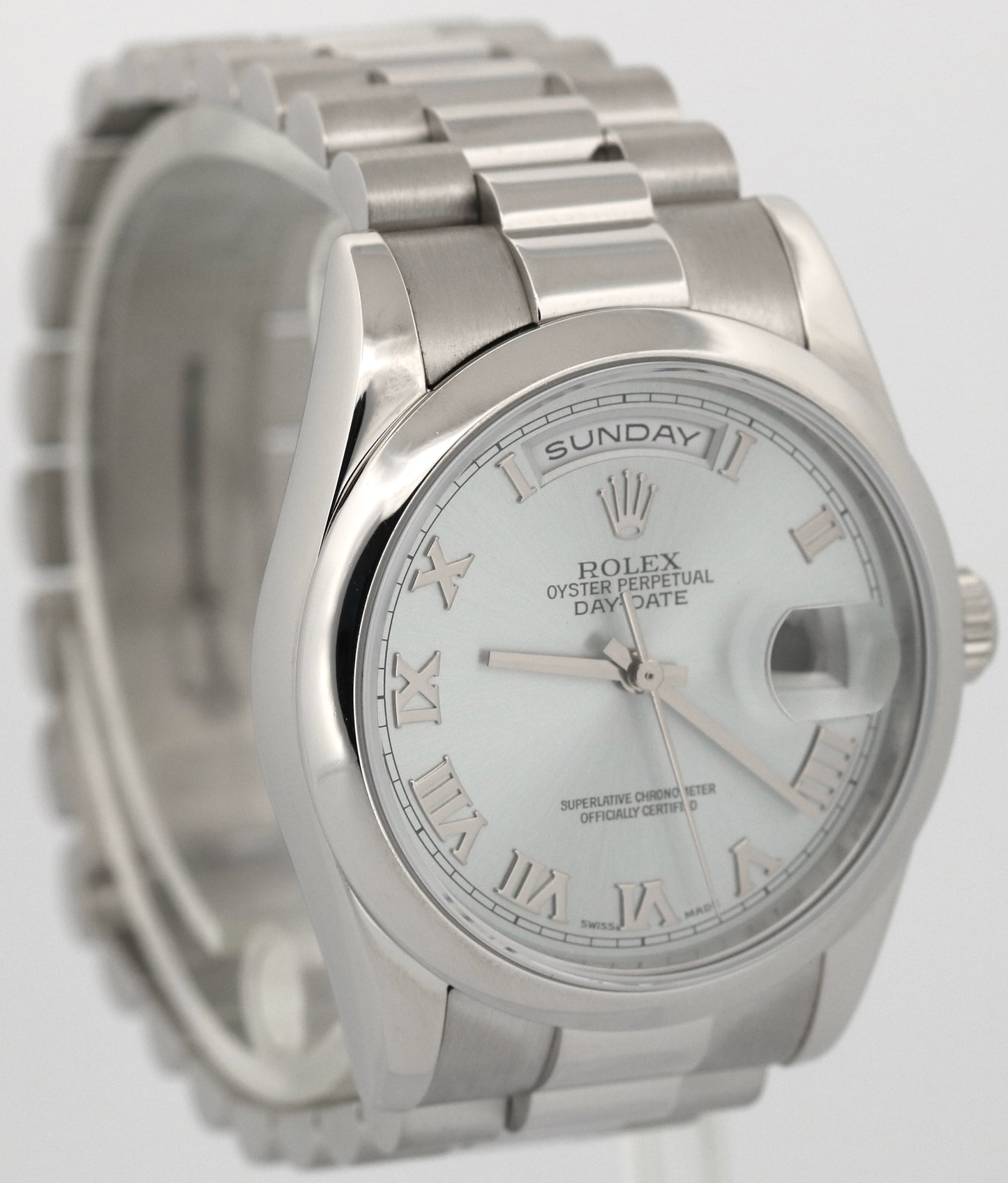 Rolex Day-Date Presidential 36mm GLACIER ICE BLUE ROMAN 950 Platinum 118206