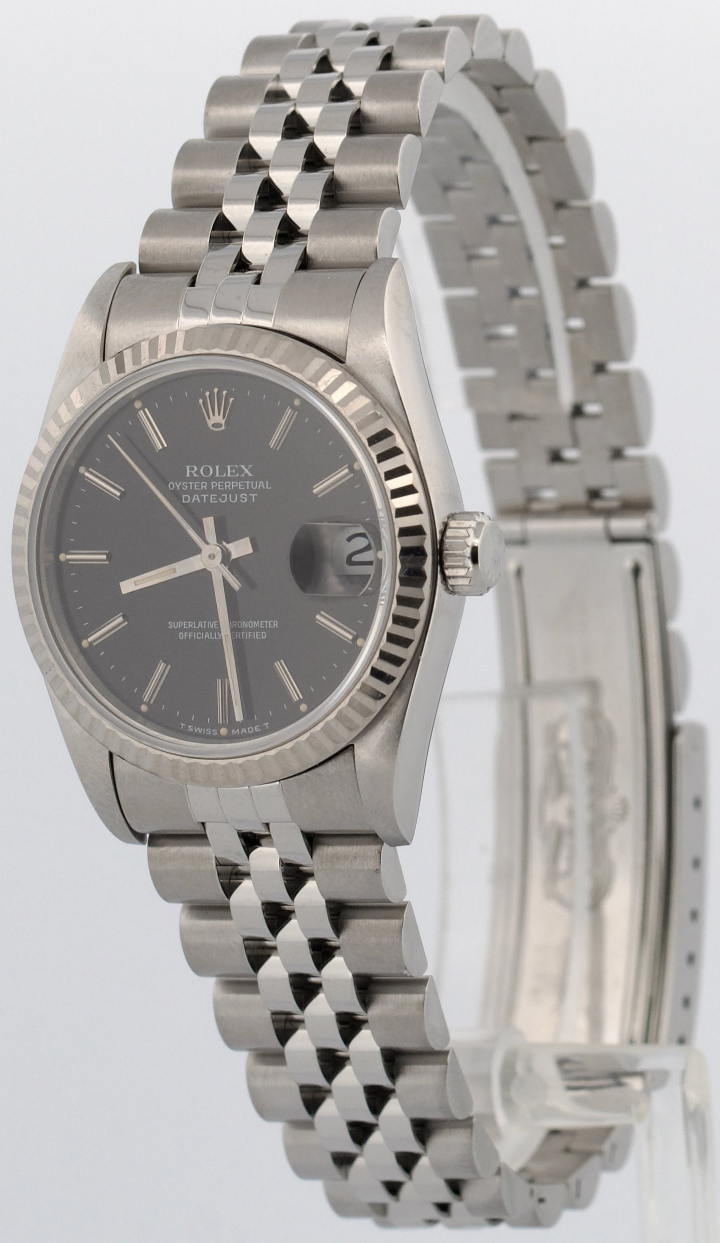 Rolex DateJust 31mm BLACK Steel Midsize 18K Steel Fluted JUBILEE Watch 68274