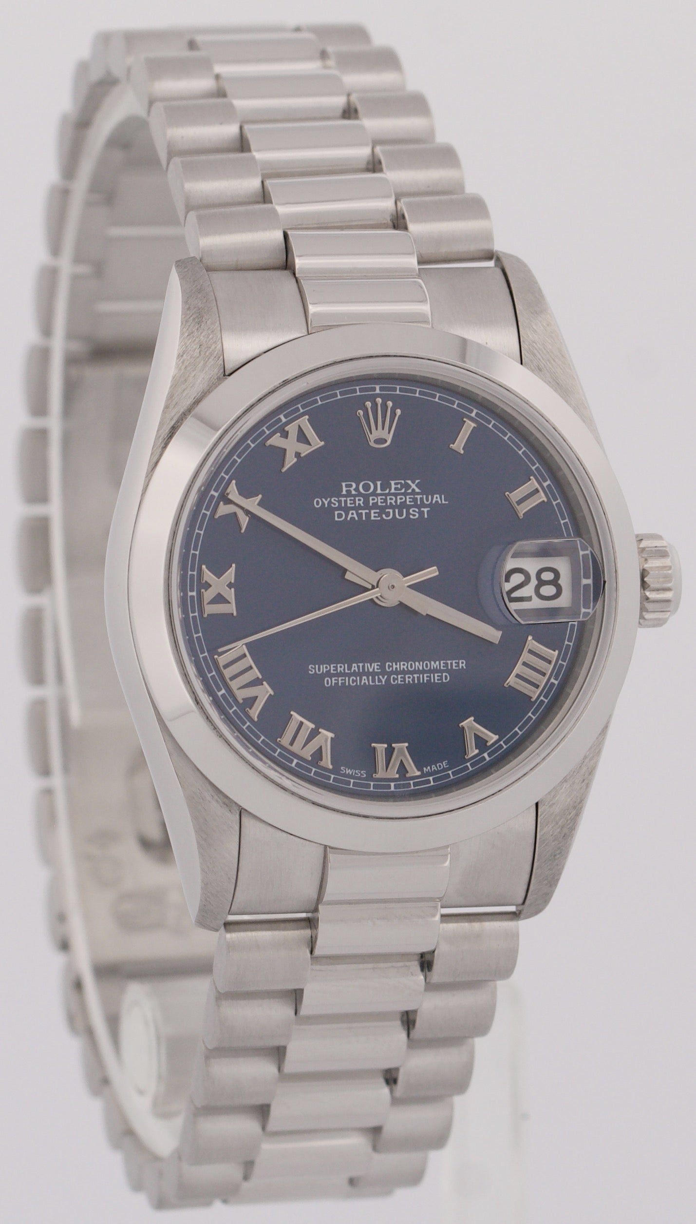 MINT Ladies Rolex DateJust President BLUE ROMAN 31mm PLATINUM Smooth 78246 Watch