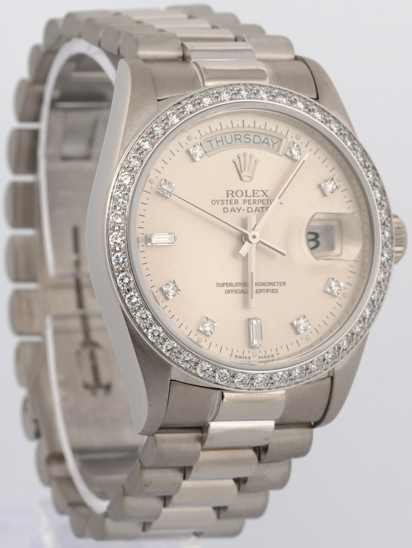 Rolex Day-Date President Silver FACTORY DIAMOND BEZEL 36mm 18K White Gold 18049