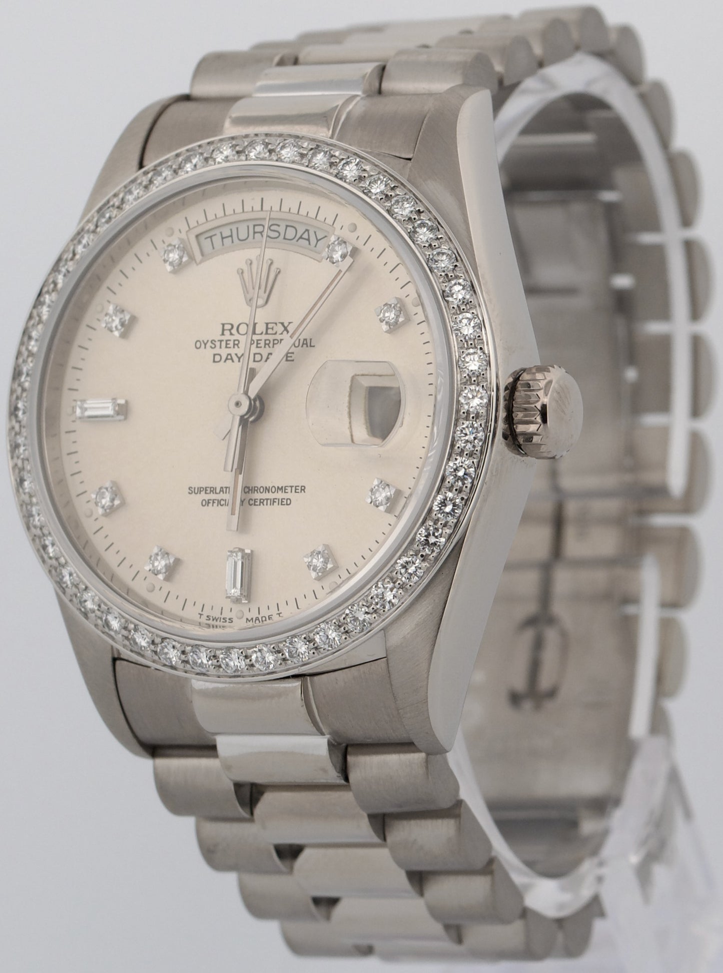 Rolex Day-Date President Silver FACTORY DIAMOND BEZEL 36mm 18K White Gold 18049