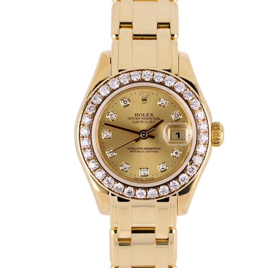 Rolex DateJust Pearlmaster 18K Gold Champagne DIAMOND 29mm 80328 Watch