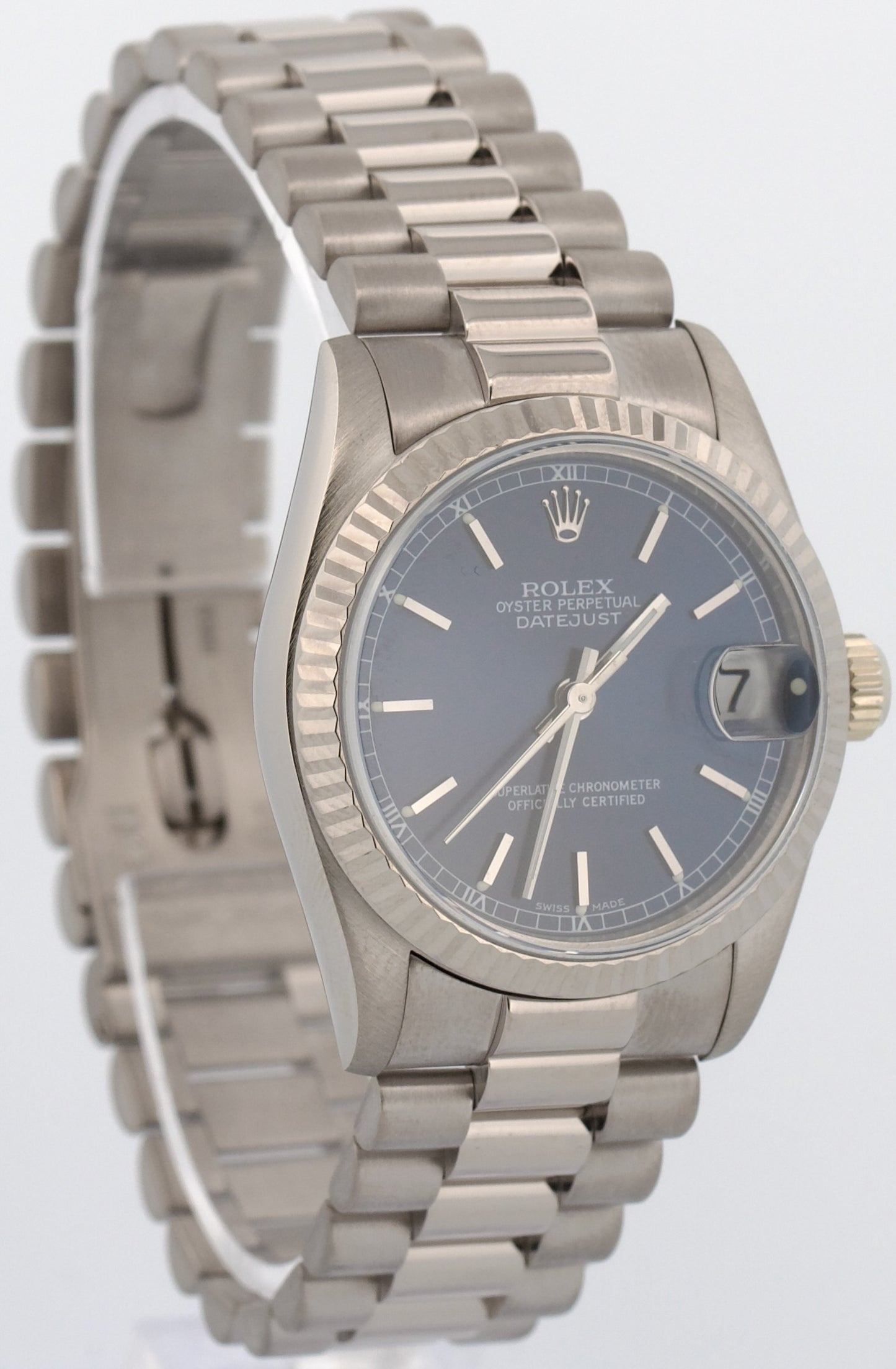 Ladies Rolex DateJust Midsize President BLUE 18K White Gold 31mm 68279 Watch