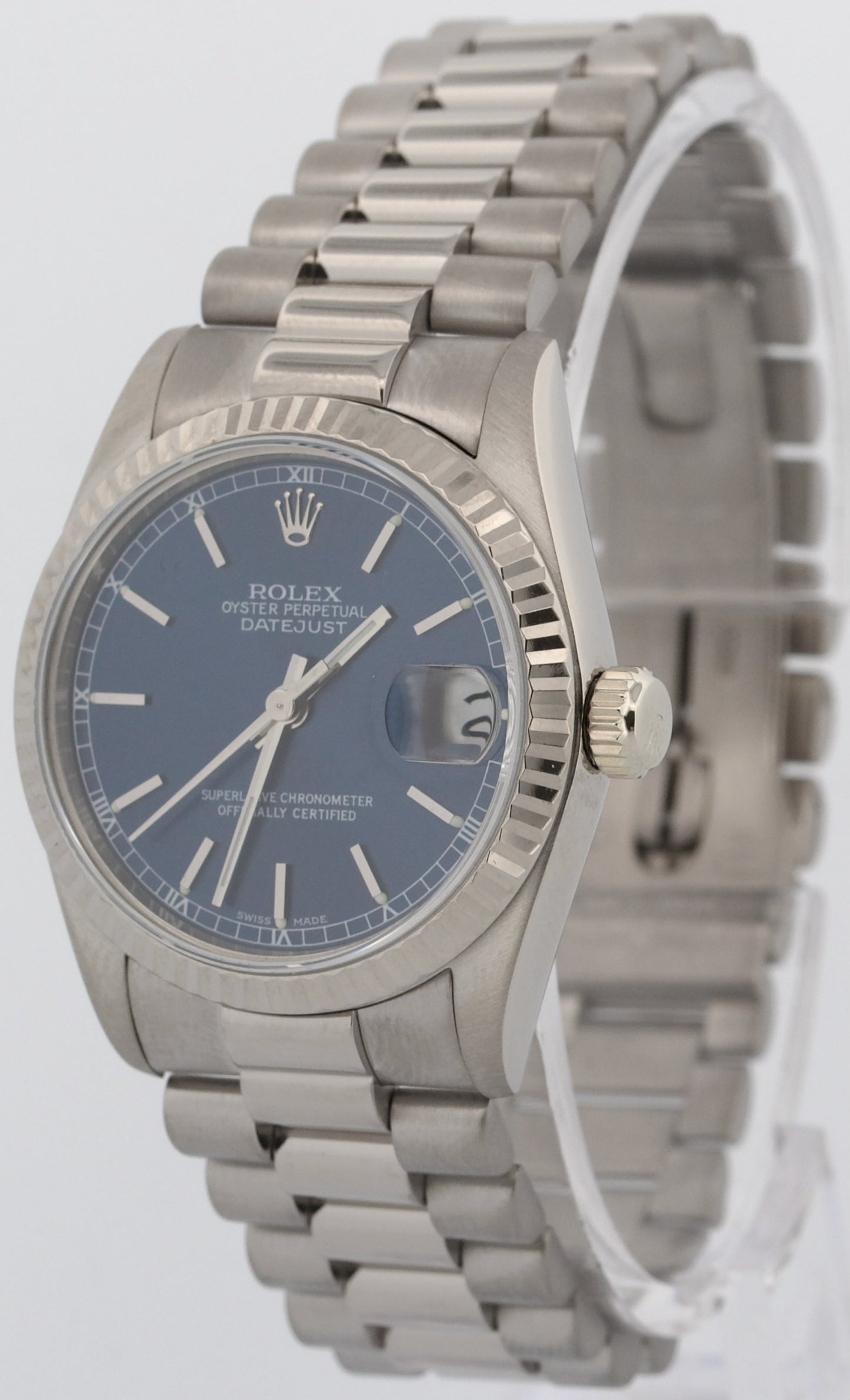 Ladies Rolex DateJust Midsize President BLUE 18K White Gold 31mm 68279 Watch