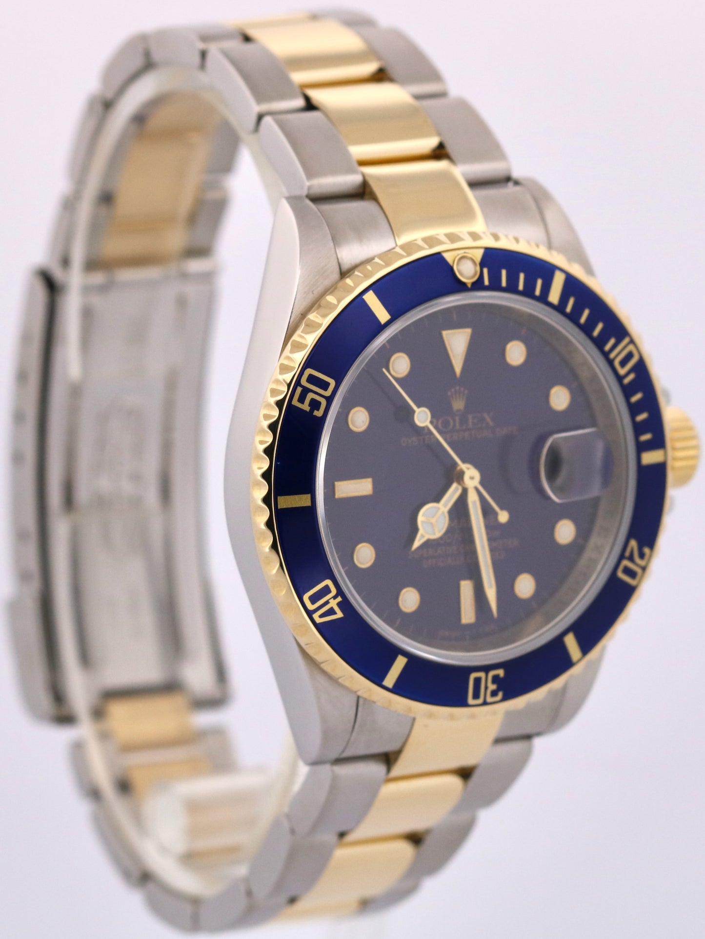 Rolex Submariner Date 40mm BLUE No-Holes REHAUT Steel 18K Yellow Gold 16613