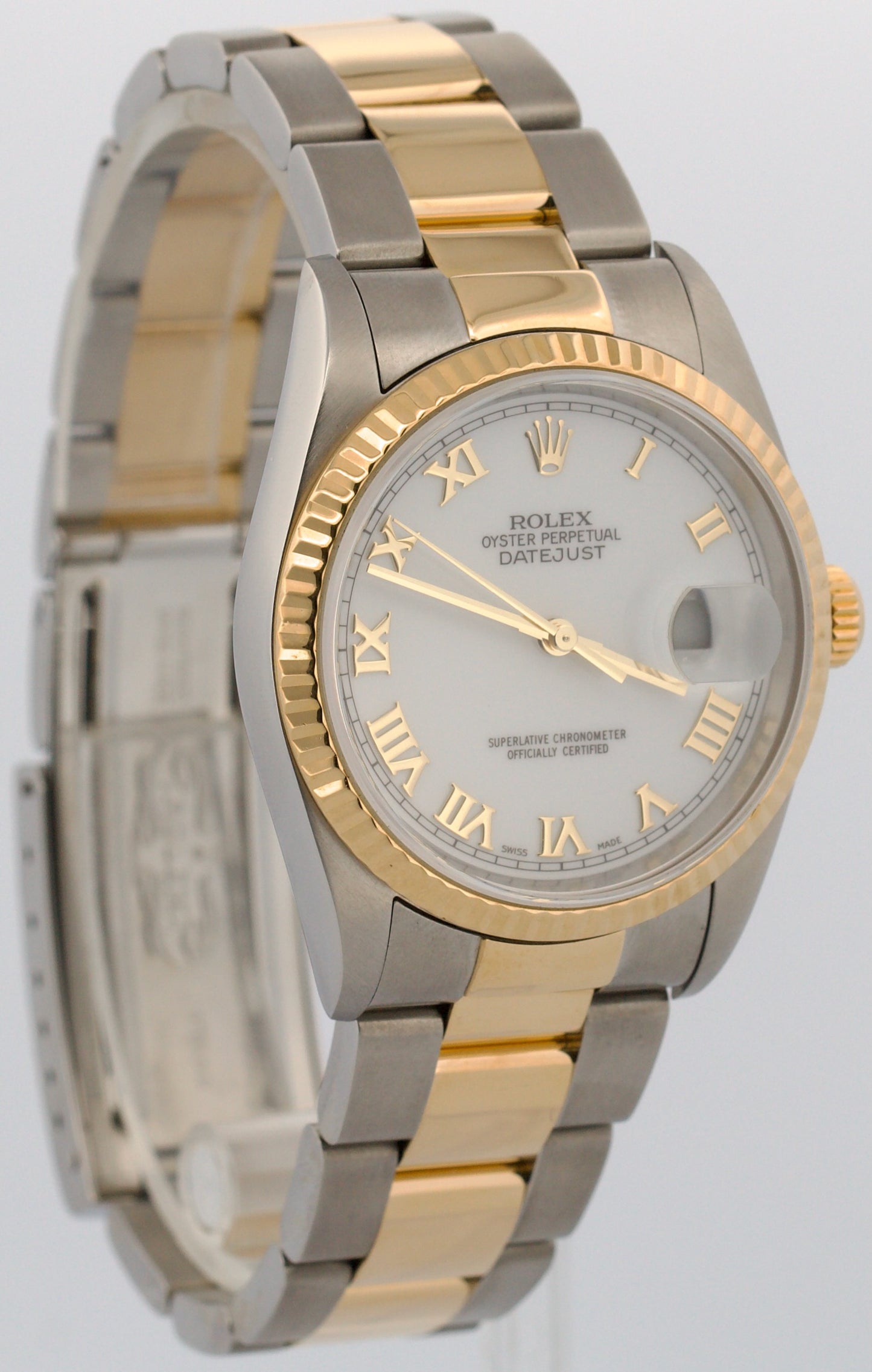 2003 PAPERS Rolex DateJust 36mm WHITE ROMAN 18K Gold Steel OYSTER 16233 BOX