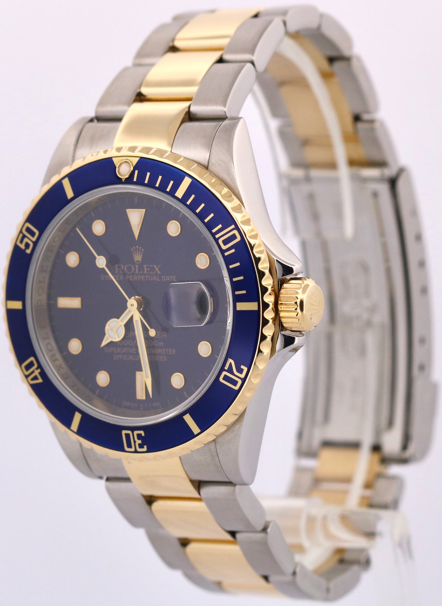 Rolex Submariner Date 40mm BLUE No-Holes REHAUT Steel 18K Yellow Gold 16613