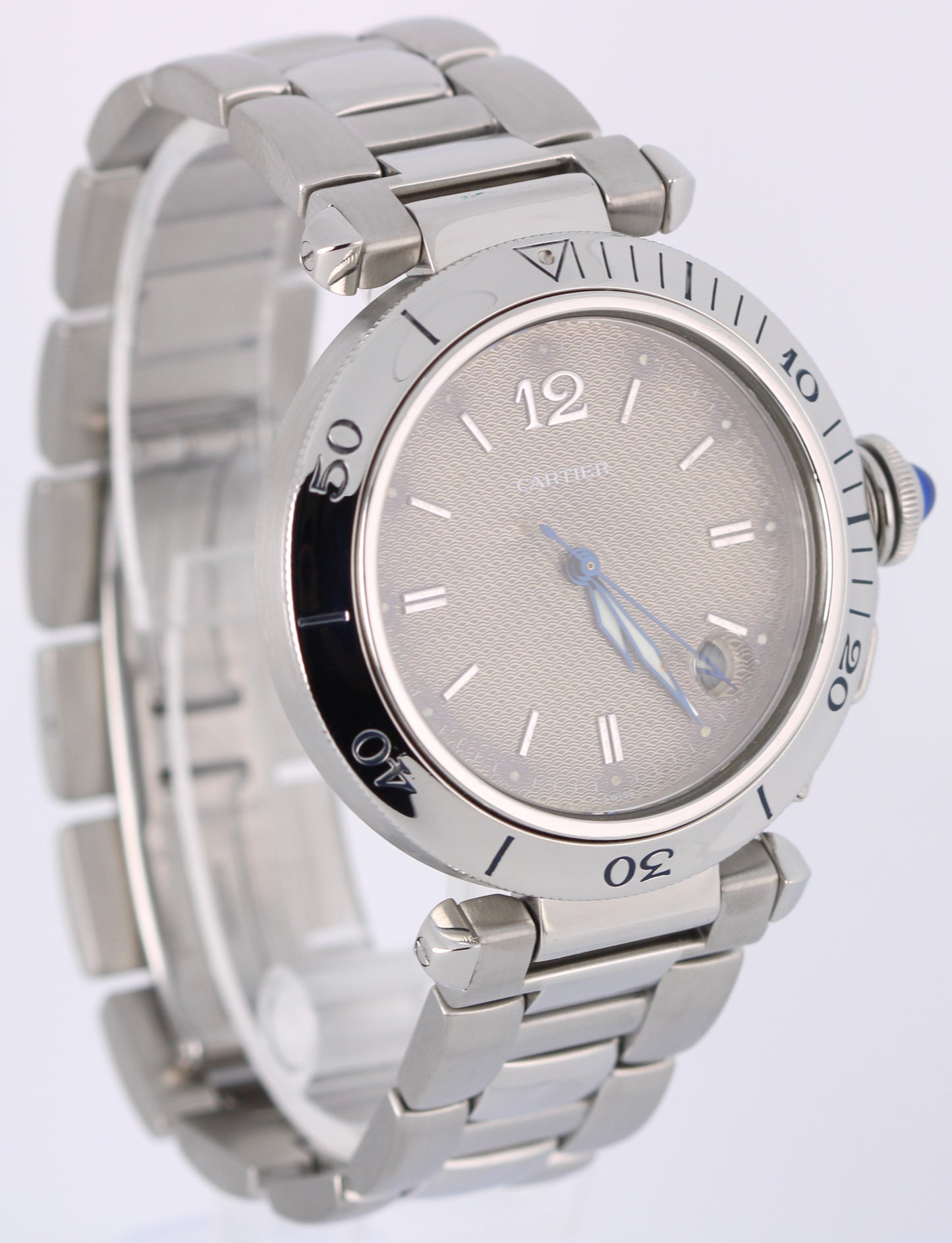 Vintage Cartier Pasha 1040 Gray Brown Guilloche 38mm Date Steel Automatic Watch